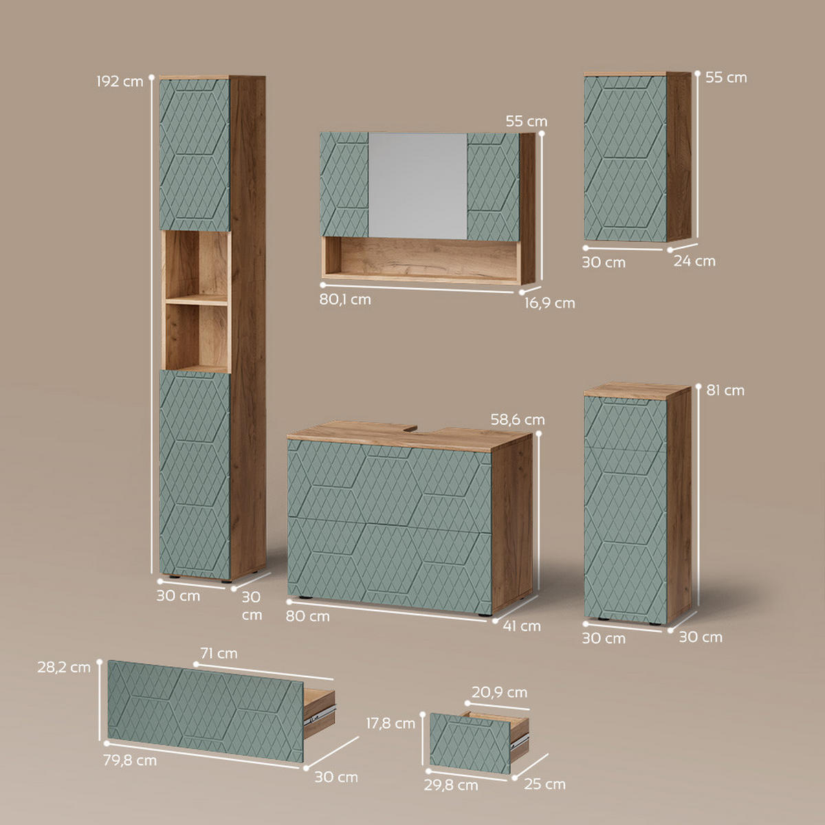 BADMÖBEL-SET Ronco Grün/Goldkraft Eiche 5 Teile - Eiche Wotan/Grün, Holzwerkstoff (80/58/41cm) - Livinity®