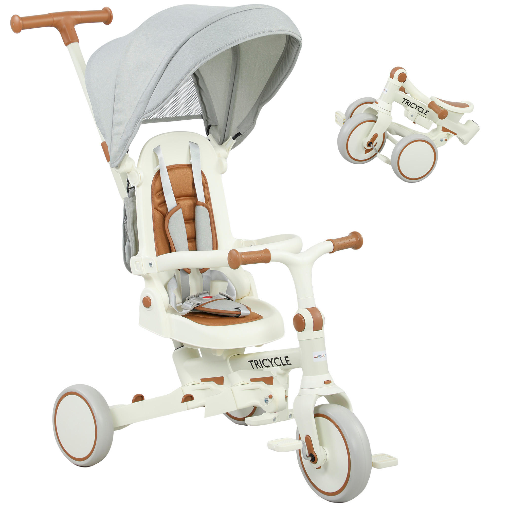 DREIRAD 5-in-1 mit Schubstange für 1-3 Jahre Faltbar mit reversiblem Sitz Creme - Creme, Metall (96.5/49/101cm) - AIYAPLAY