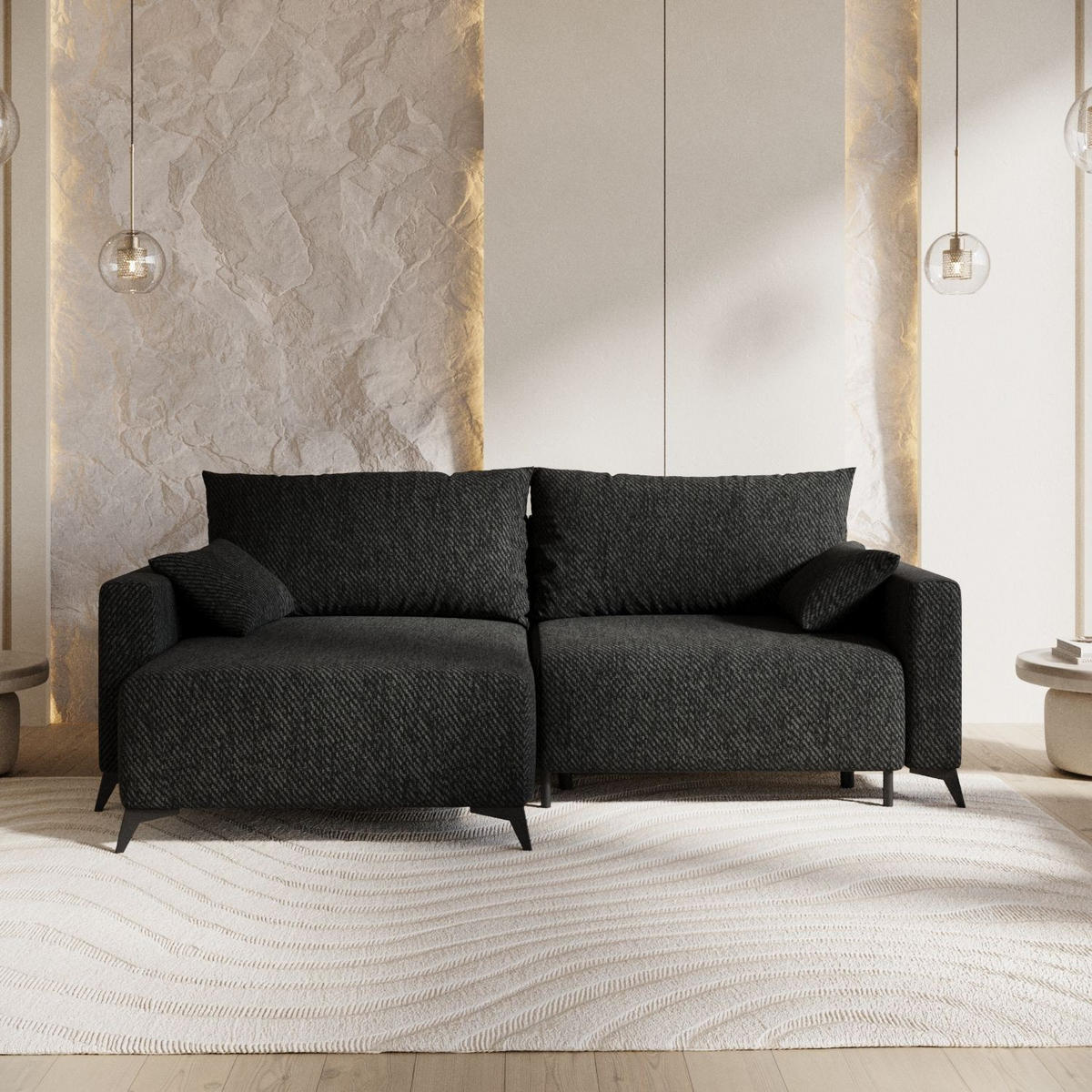 ECKSOFA NUVIO mit Schlaffunktion Schwarz im Neve Stoff - Schwarz, Holz/Holzwerkstoff (239/148cm) - AltaBeds