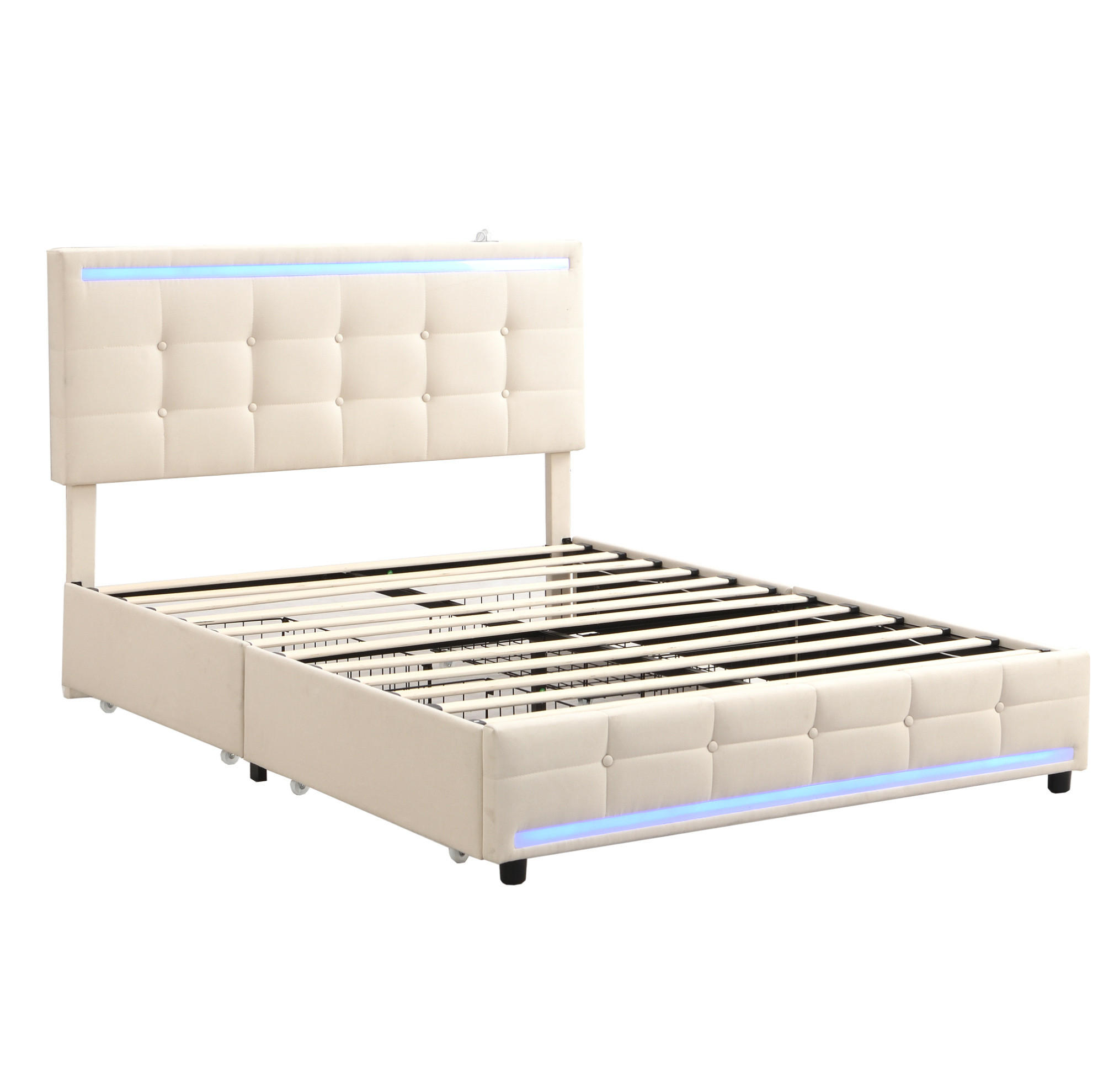 POLSTERBETT 140/200 cm mit LED-Beleuchtung, 4 Schubladen, 2 USB-Anschlüssen und Leinenbezug, Beige - Beige, Textil (140/200cm) - Redom