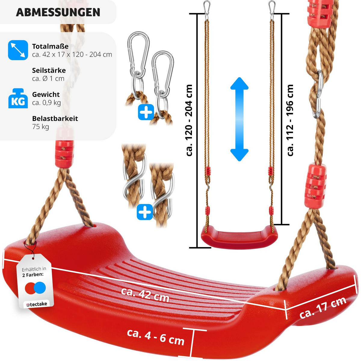 SCHAUKELSITZ Swifty,Belastbarkeit 75 kg, inklusive Karabinerhaken,rot - Rot, Kunststoff (42/120cm) - tectake