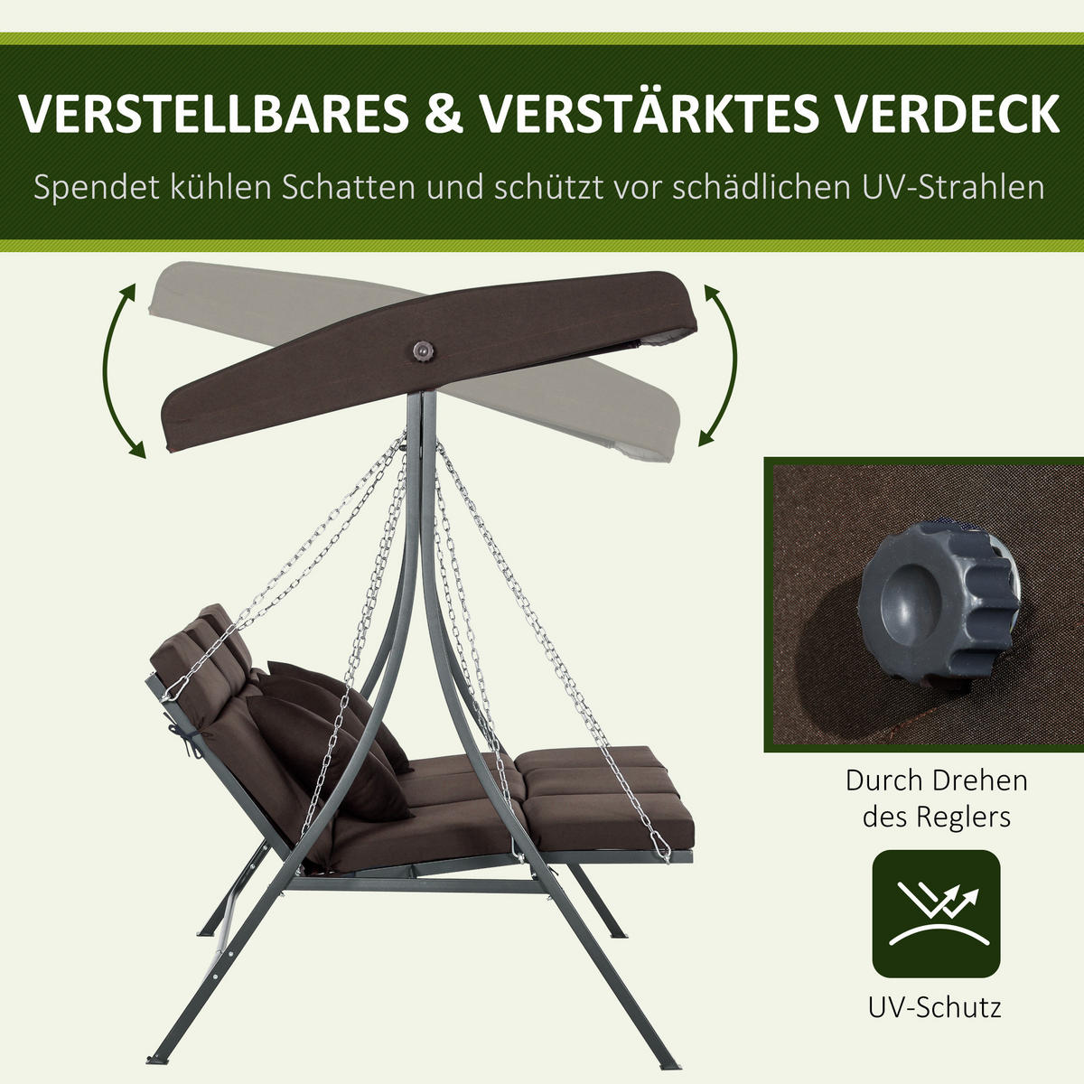 HOLLYWOODSCHAUKEL 3-Sitzer mit verstellbarem Sonnendach, Kissen und stabilem Metallgestell, Braun - Braun, Metall (118/168/198cm) - Redom
