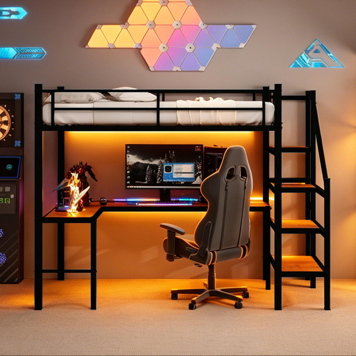 HOCHBETT 90/190 mit L-förmigem Schreibtisch, Stauraumtreppe und Geländer - Schwarz, Holzwerkstoff/Metall (90/200cm) - EVRYAE