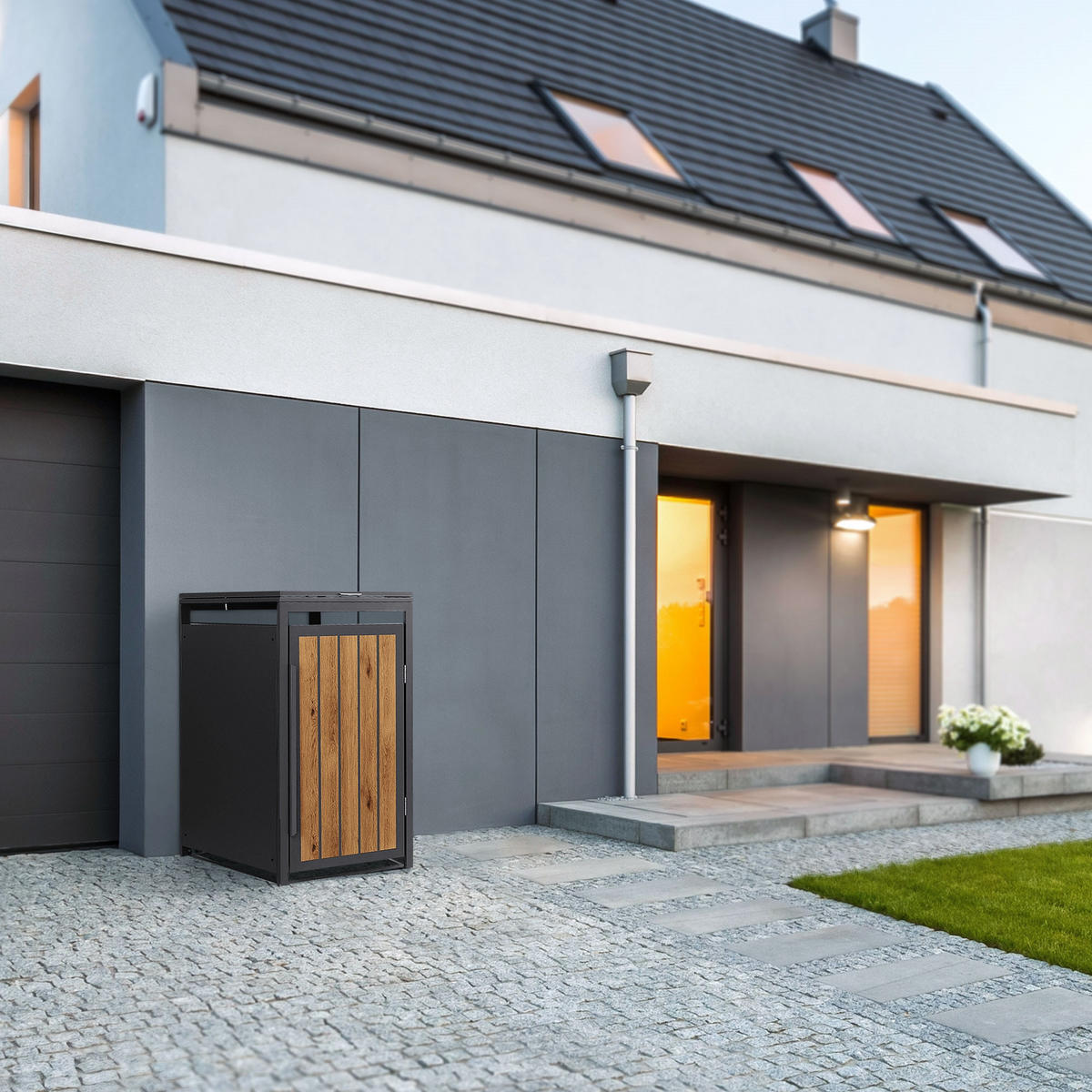 MÜLLTONNENBOX 1er 240L 68x80x120 cm Anthrazit-Eiche hell aus Stahl - Hellbraun, Metall (80/120/68cm) - ML-DESIGN