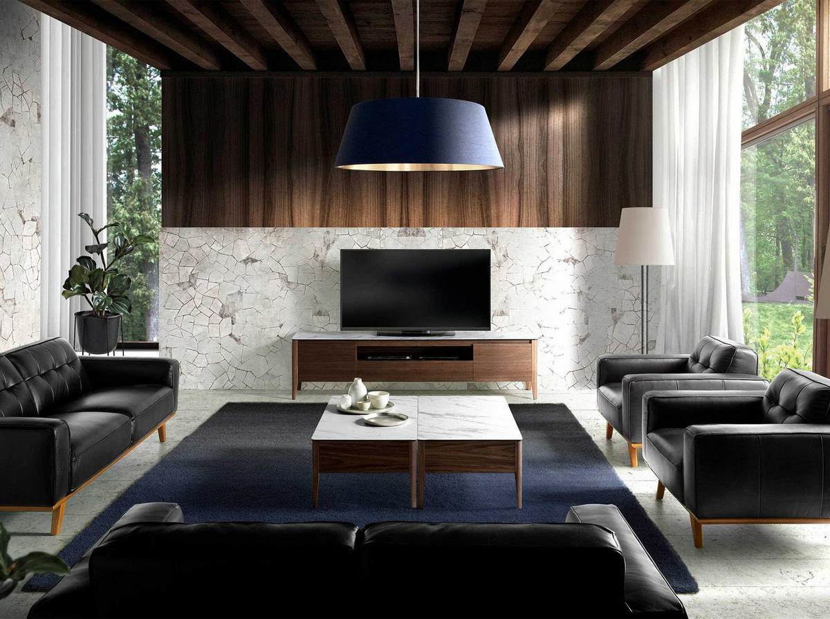 TV-ELEMENT TV-Ständer aus Nussbaumholz mit Glasplatte aus Marmorimitation 200/45/51 cm - Walnussfarben/Weiß, Holz/Stein (200/51/45cm) - ANGEL CERDA