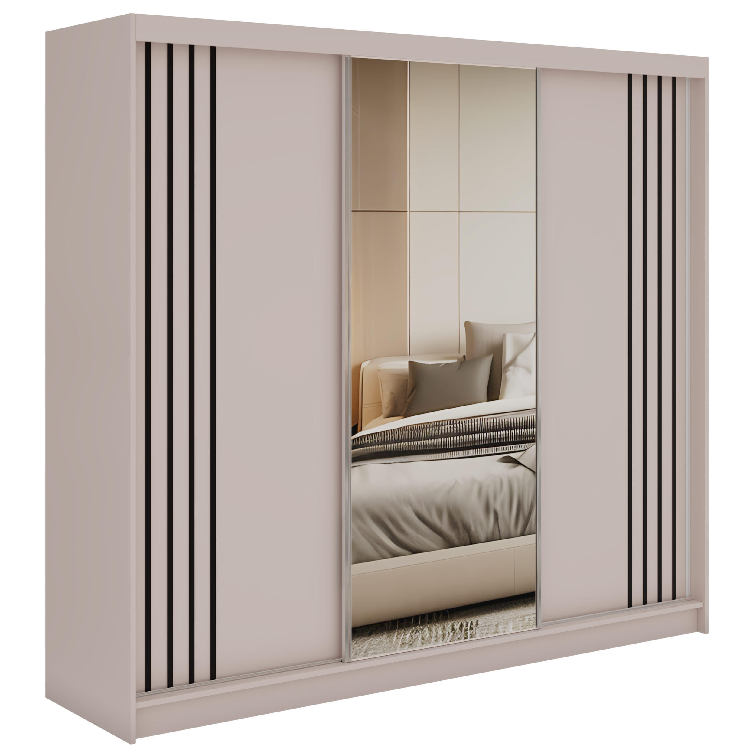 SCHWEBETÜRENSCHRANK mit Lamellen und Spiegel DIANA - 240 - Kaschmir und Schwarz - Kaschmir/Schwarz, Holzwerkstoff/Metall (240/216/61cm) - MKS