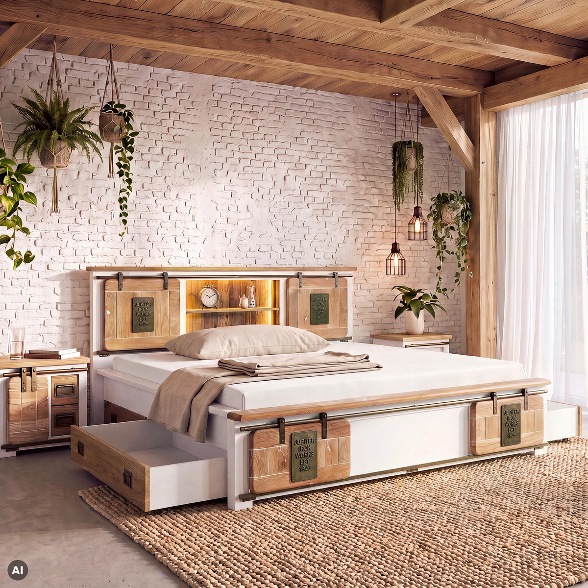 BETT mit Schublade Massivholz Mango / Altholz 180 x 200 x 107 weiß RAILWAY LUX #509 - Weiß, Holz (180/200cm) - Massivmoebel24