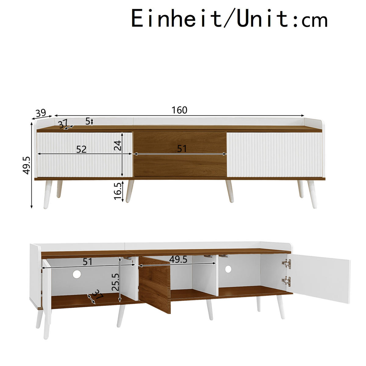LOWBOARD 160/39/49,5 cm aus MDF und Spanplatte mit 3 Türen Weiß/Natur - Weiß, Holzwerkstoff (160/49.5/39cm) - Modenvie