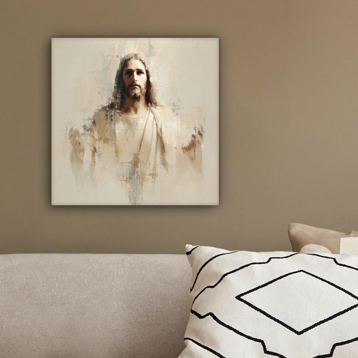 LEINWANDBILD Porträt - Abstrakt - Jesus - Beige Deko Wohnzimmer 20x20 cm - Beige, Textil (20/20cm) - MuchoWow