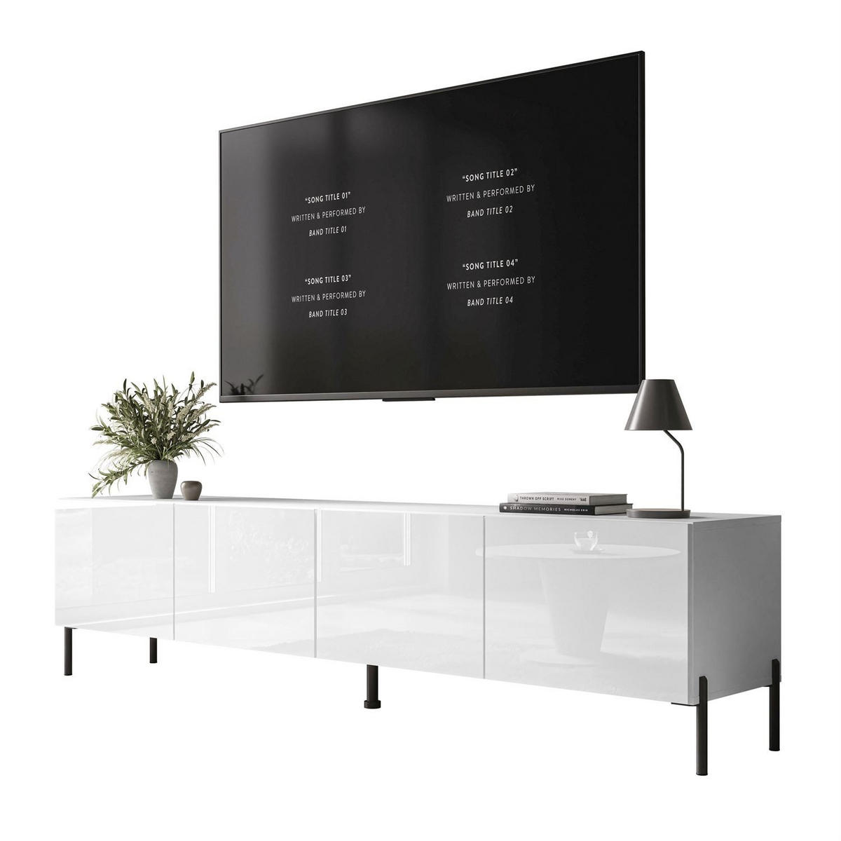 TV-LOWBOARD COLGANTE 200 cm auf Schwarz Metallbeinen - Weiß Hochglanz/Schwarz, Holzwerkstoff/Metall (200/50/40cm) - Lookway