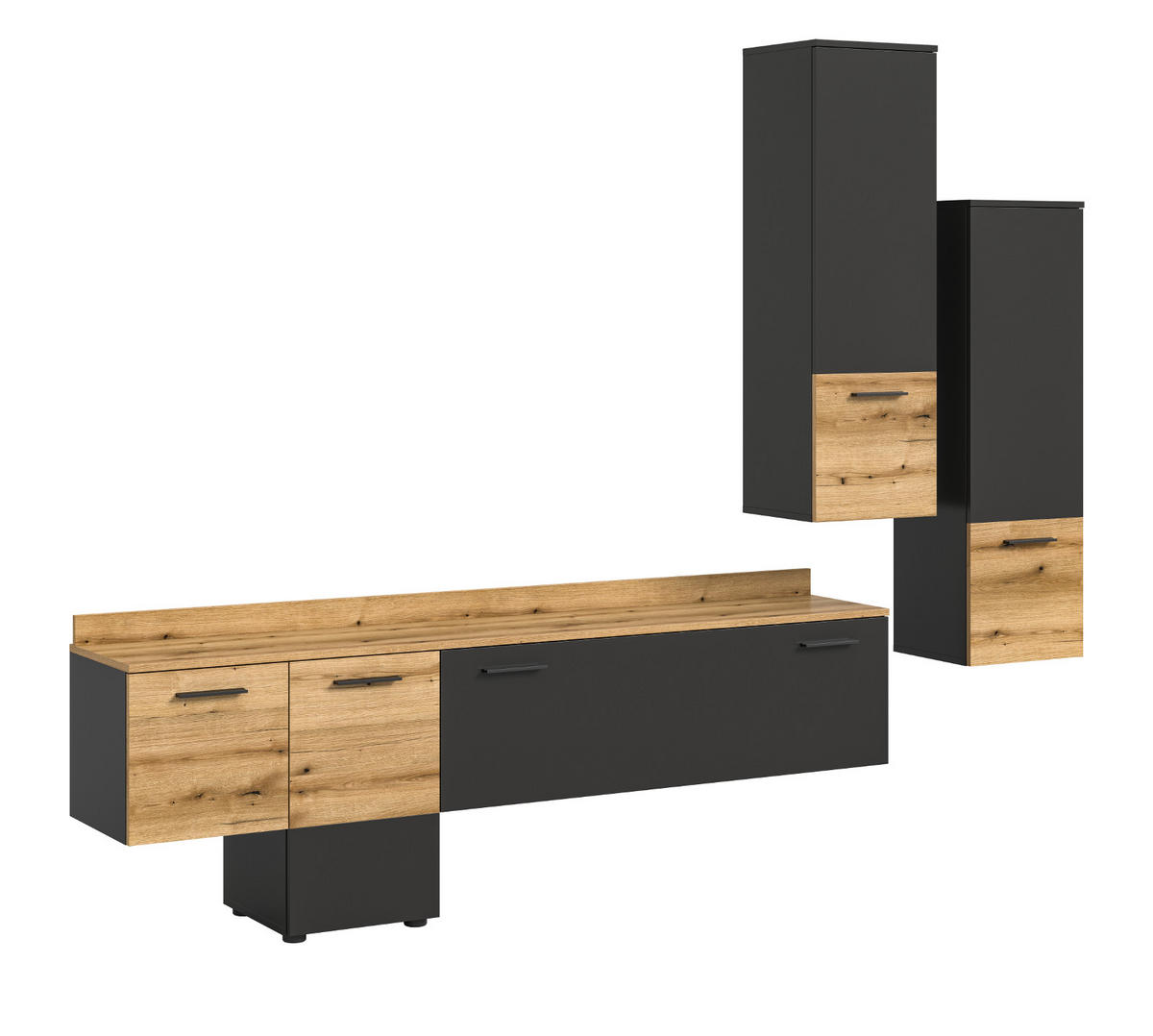 WOHNWAND 3-teilig grau, Evoke Eiche 247 cm, Schrankwand mit Soft-Close - Eichefarben/Schwarz, Holzwerkstoff/Kunststoff (247/196/37cm) - Inn.Furn