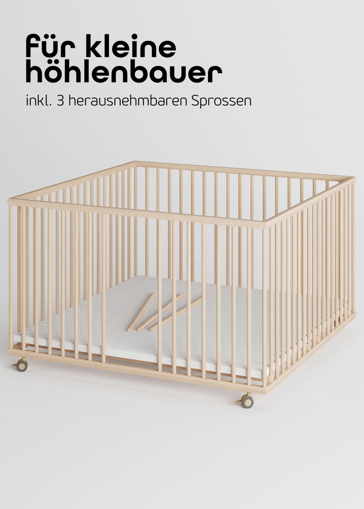 LAUFGITTER XXL 120x120 cm mit Matratze, Lattenrost & Schlupfsprossen - natur - Premium Kollektion - Naturfarben, Holz (120/74/120cm) - Sämann – make a difference.