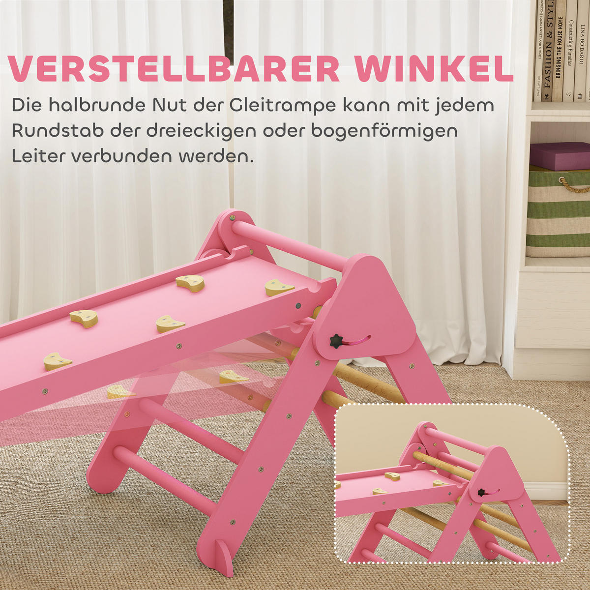 KLETTERGERÜST Indoor, 7 in 1 klappbar Kletterdreieck mit Rutsche, Kletterbogen - Rosa, Holz (70/59/188cm) - AIYAPLAY