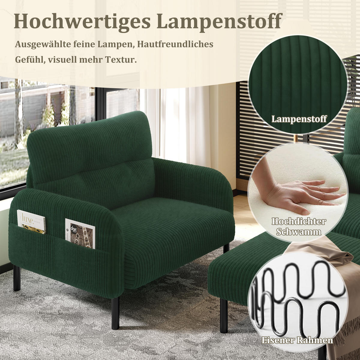 SITZGARNITUR DE-33649 modular mit Seitentasche Smaragdgrün - Grün, Metall (120/79/75cm) - ComfortXL