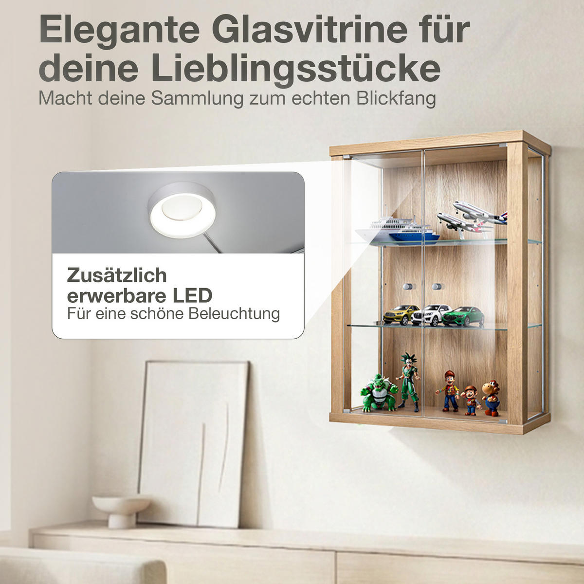 HÄNGEVITRINE 25/60/80 cm mit 2 höhenverstellbaren Glasböden - Transparent/Silberfarben, Glas/Holzwerkstoff (60/80/25cm) - K-Möbel