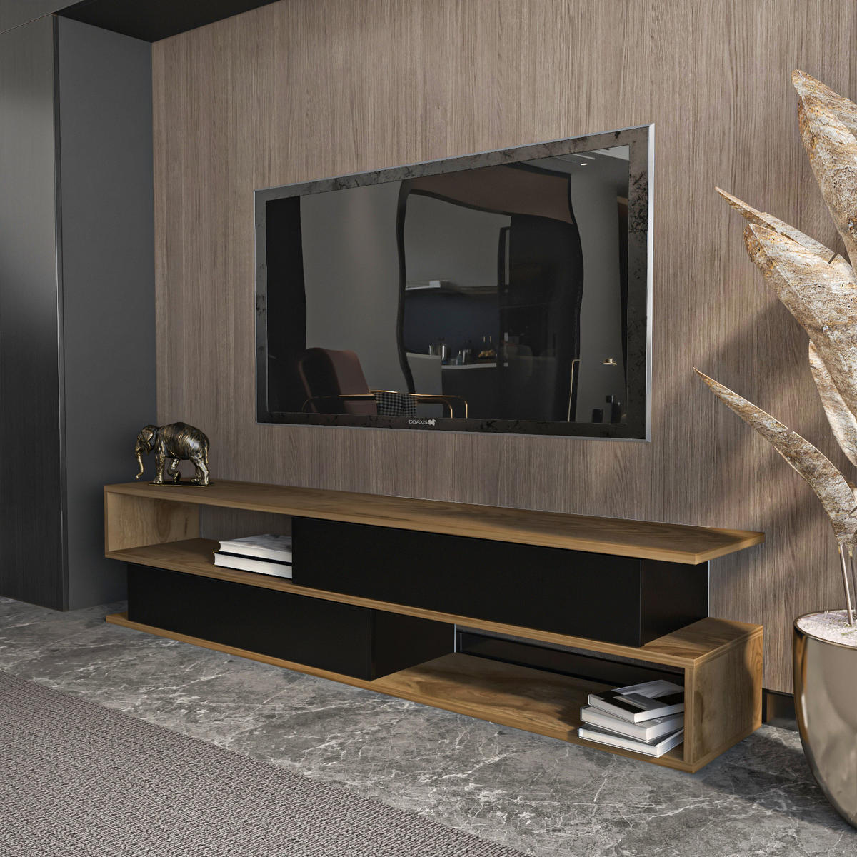 TV-ELEMENT Walnussbraun Schwarz - Walnussfarben/Schwarz, Holzwerkstoff (160/40/35cm) - Decorotika