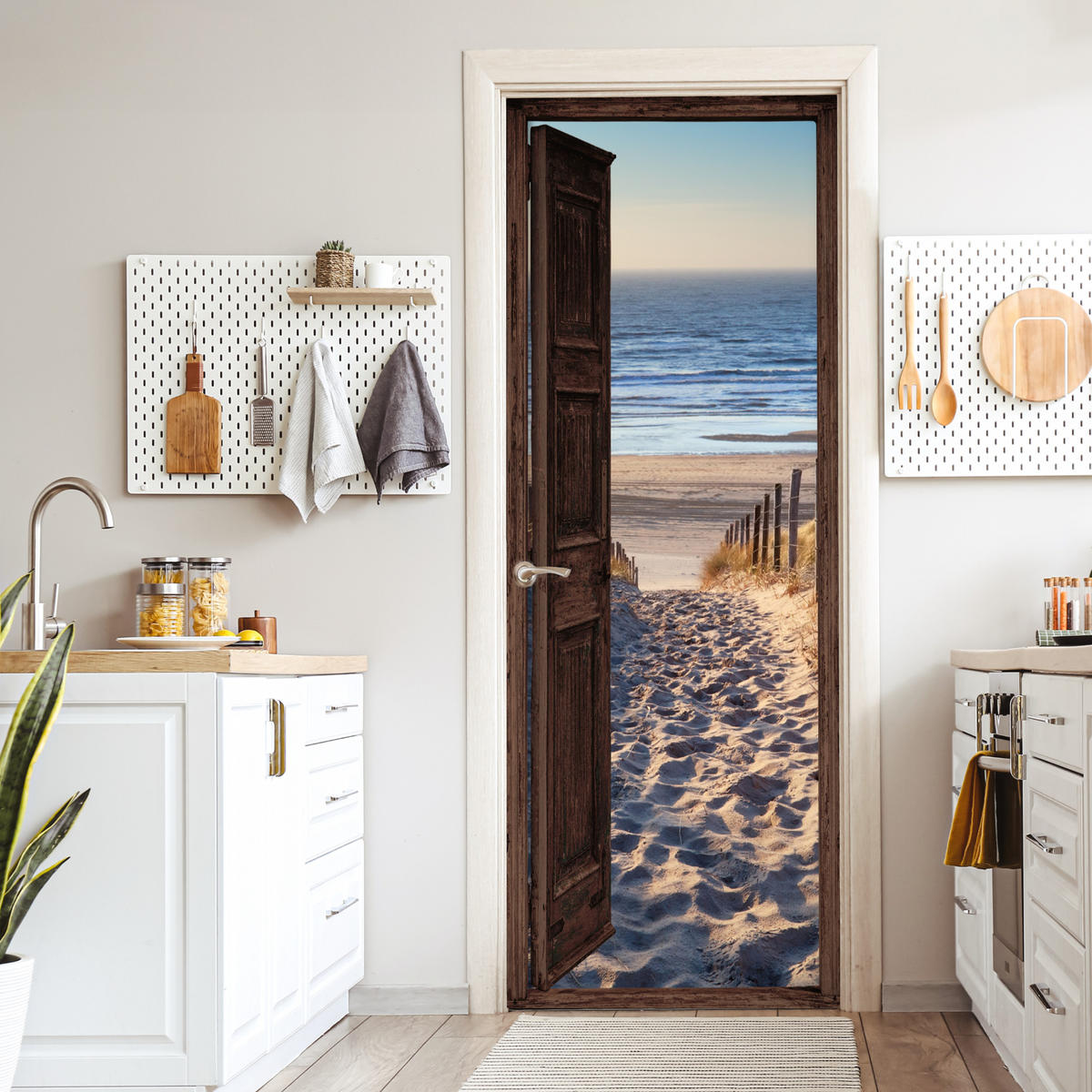 TÜRAUFKLEBER Selbstklebend - Fensterblick - Strand - Meer - Weg - Dünen 95x235 cm - Türtapete - Sandfarben, Kunststoff (95/0.1cm) - MuchoWow