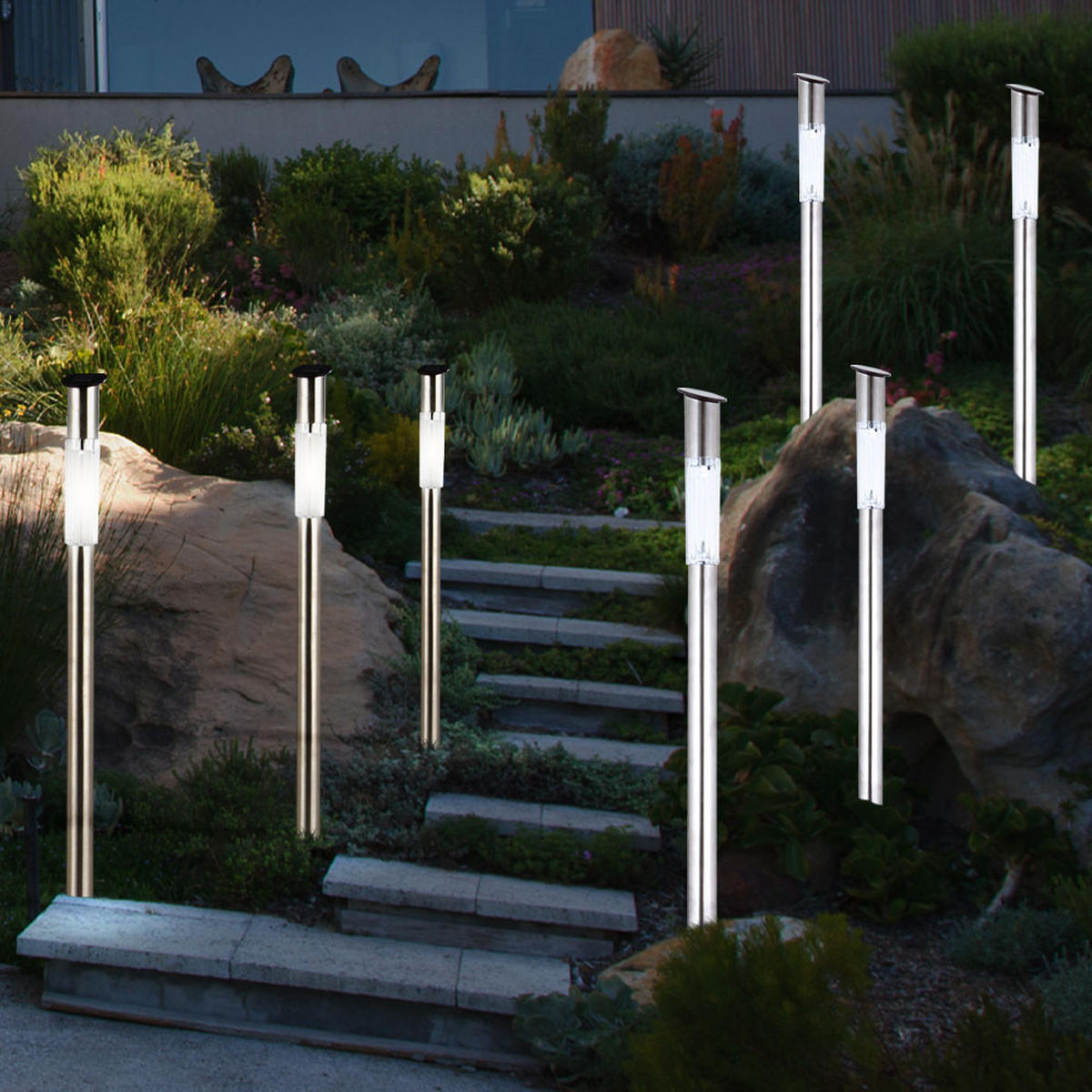 LED AUSSENLEUCHTE Solar Edelstahl Silber 7er Set - Silberfarben, Metall (5/5/70cm) - Globo Lighting