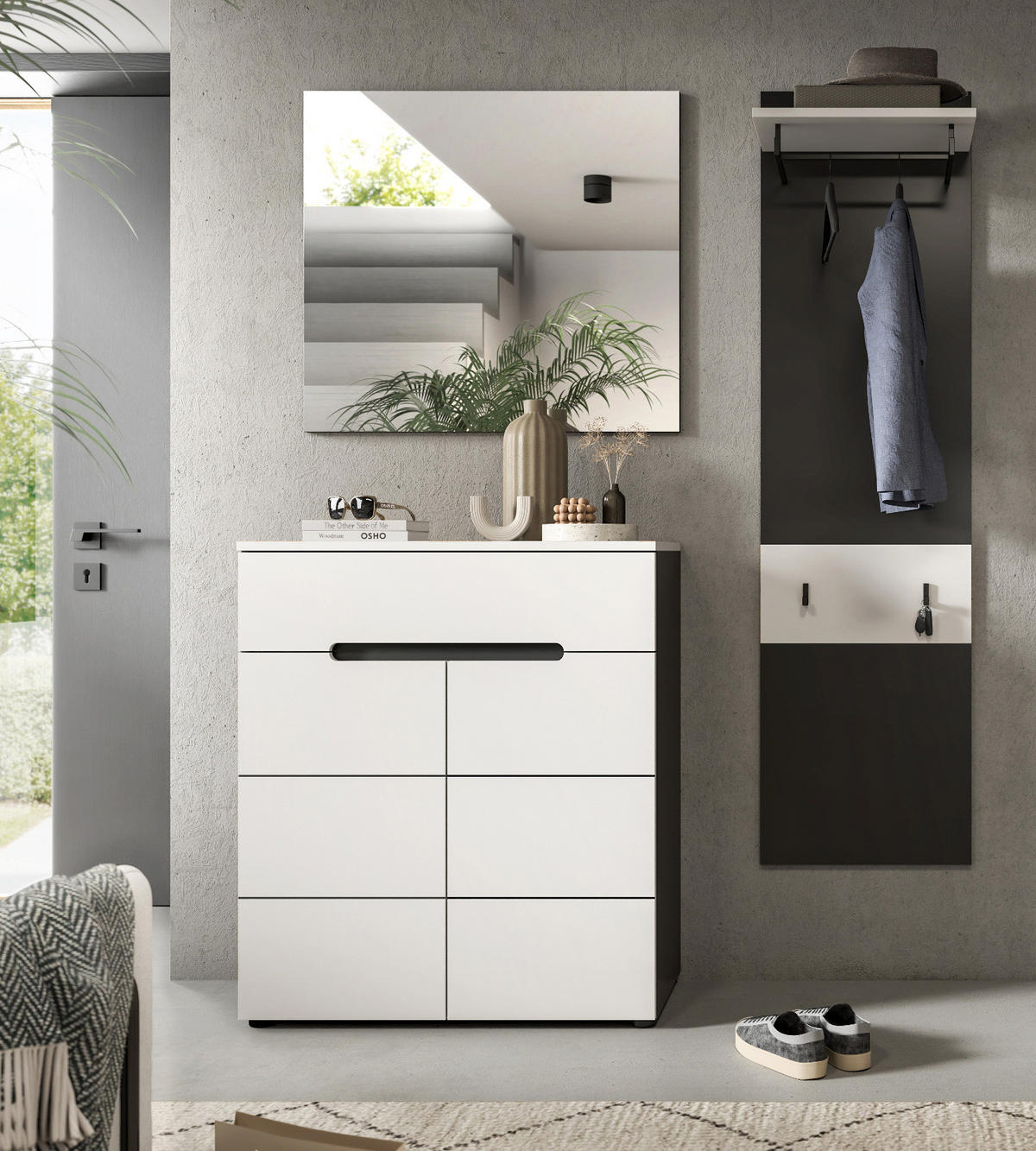 GARDEROBEN-SET 3-teilig in weiß, grau 140 cm mit Soft-Close, Cooper - Schwarz/Weiß, Glas/Holzwerkstoff (140/190/37cm) - Inn.Furn
