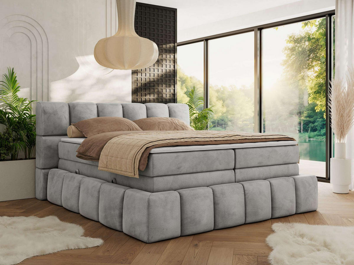 BOXSPRINGBETT NIRA KING 140/200 Hellgrau Velvet - H3 - Hellgrau, Holz/Textil (140/200cm) - MKS