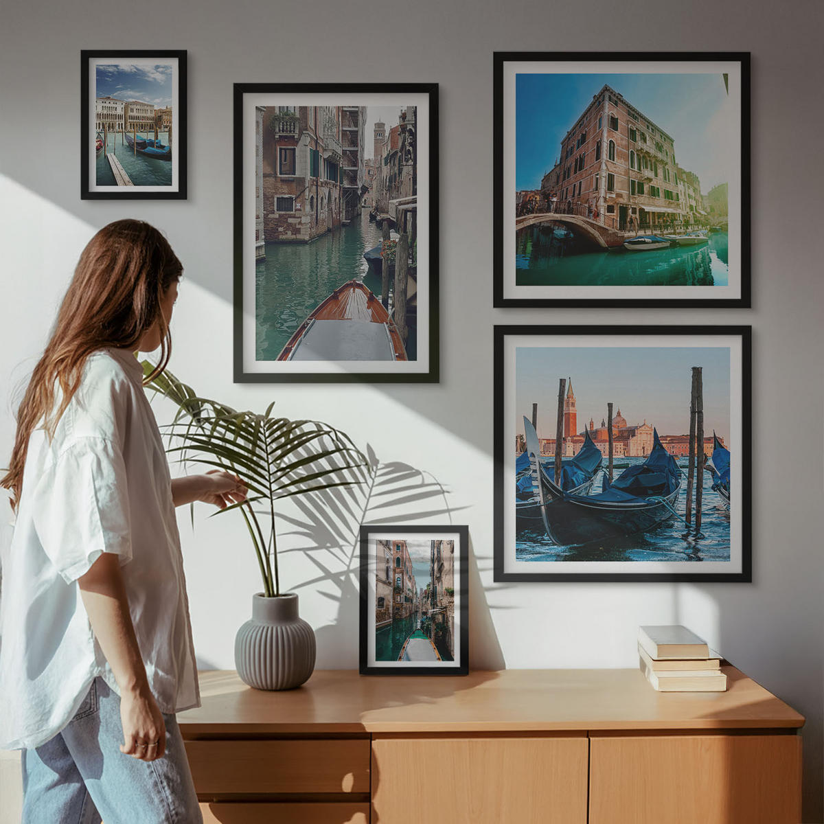 WANDBILDER 5er-Set - 50x50 cm & 20x30 cm & 40x60 cm Schwarzer Rahmen - Küchenutensilienmuster Blätter - Schwarz, Kunststoff (40/60cm) - ArtPrintCave