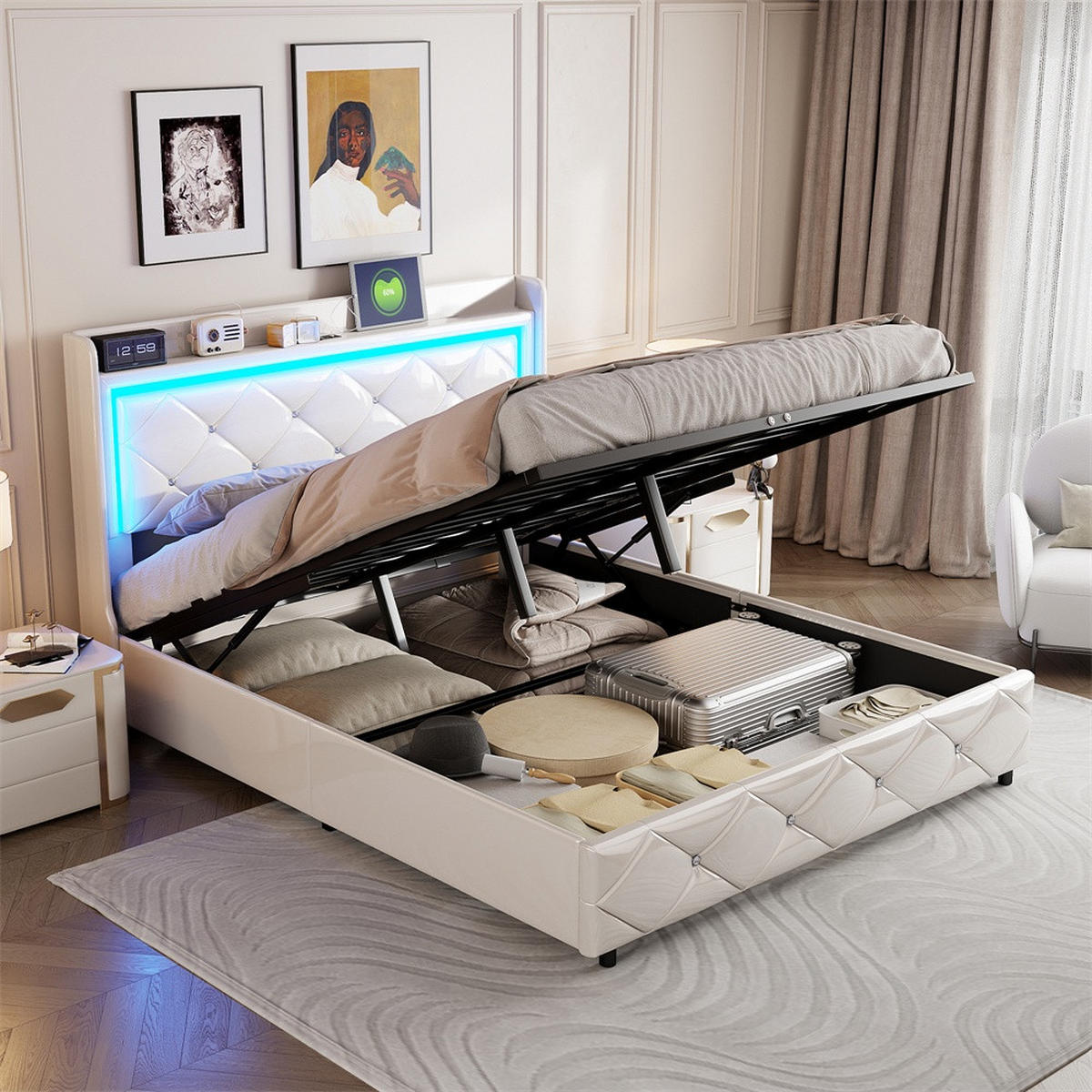 POLSTERBETT 140x200 cm mit LED-Beleuchtung , USB-Ladestation und hydraulischer Hebefunktion - ohne Matratze - Weiß, Textil (140/200cm) - DELFA