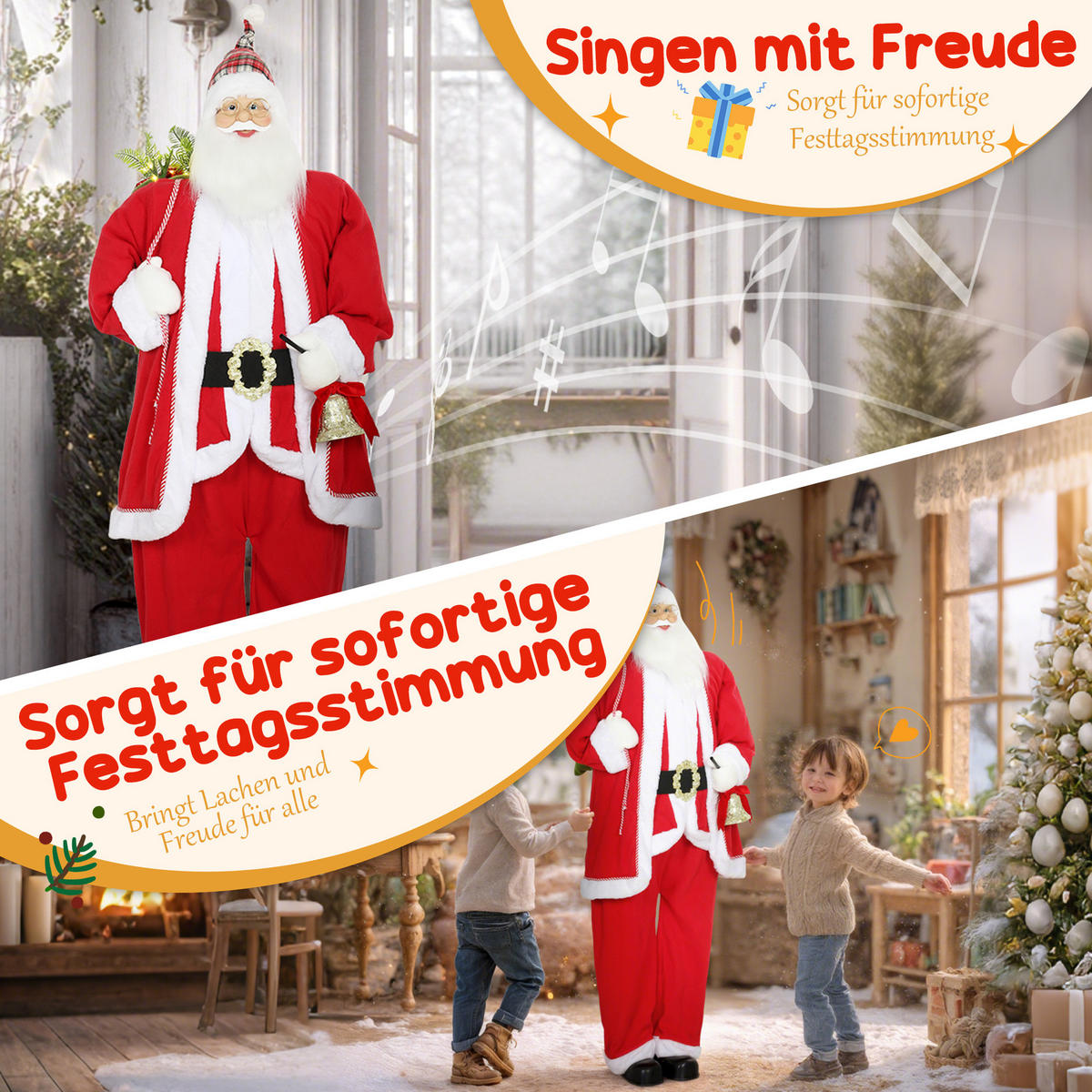 WEIHNACHTSMANN 1,6 m stehende Weihnachtsmann mit Geschenk- und Weihnachtsglock - Rot, Textil (45/160/55cm) - HOMCOM
