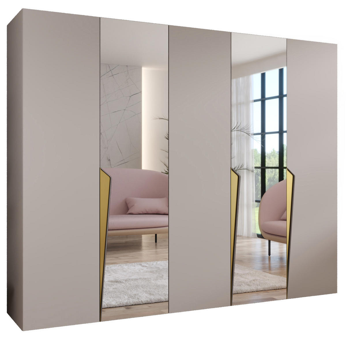 DREHTÜRENSCHRANK 202/250/52 5-türig - Beige/Goldfarben, Holz/Metall (250/202/52cm) - Abiks Möbel