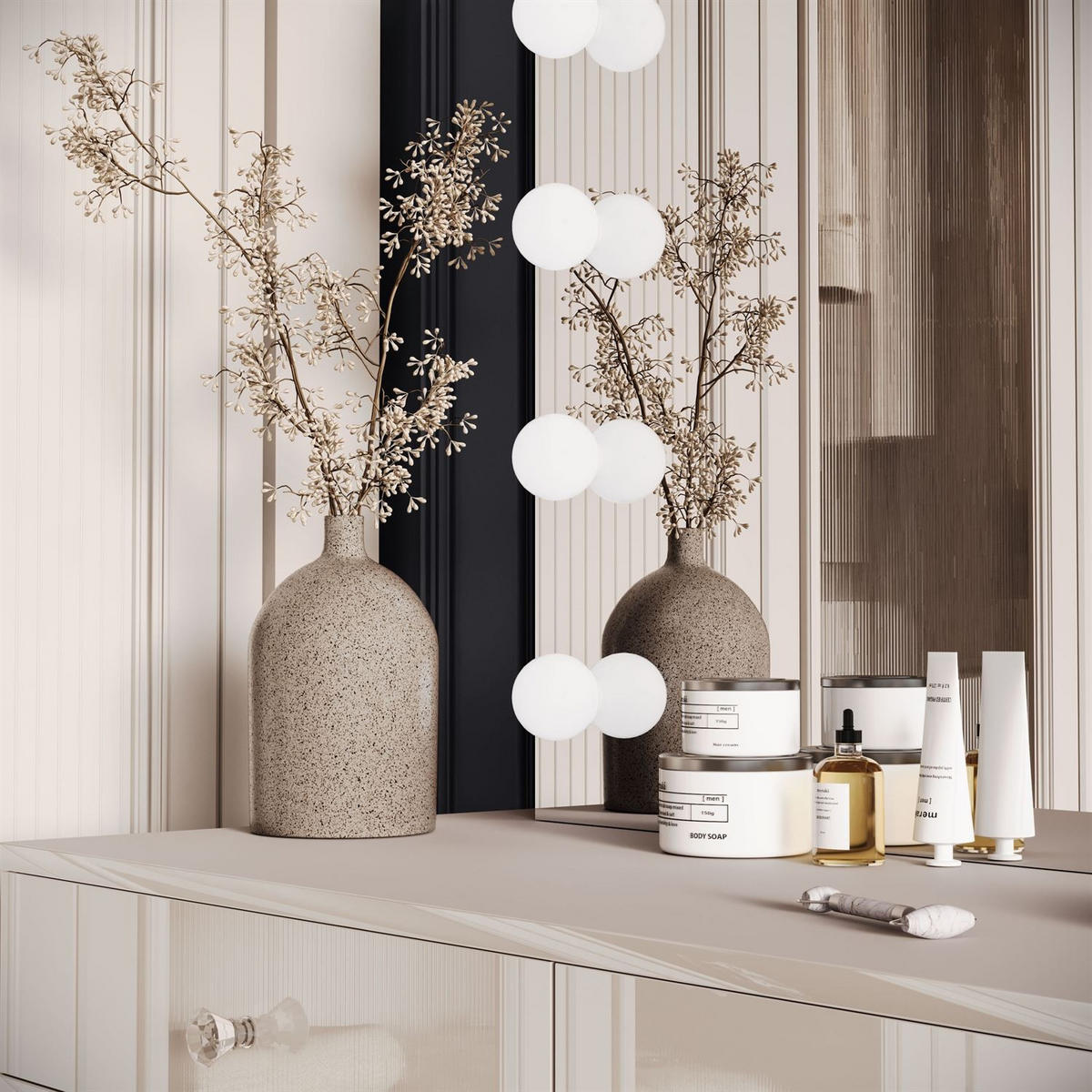 SCHMINKTISCH BLANCO KASCHMIR ELITE mit Spiegel und Beleuchtung silberner Chrom Kristallgriff - Beige, Holzwerkstoff (100/81/42cm) - Lookway