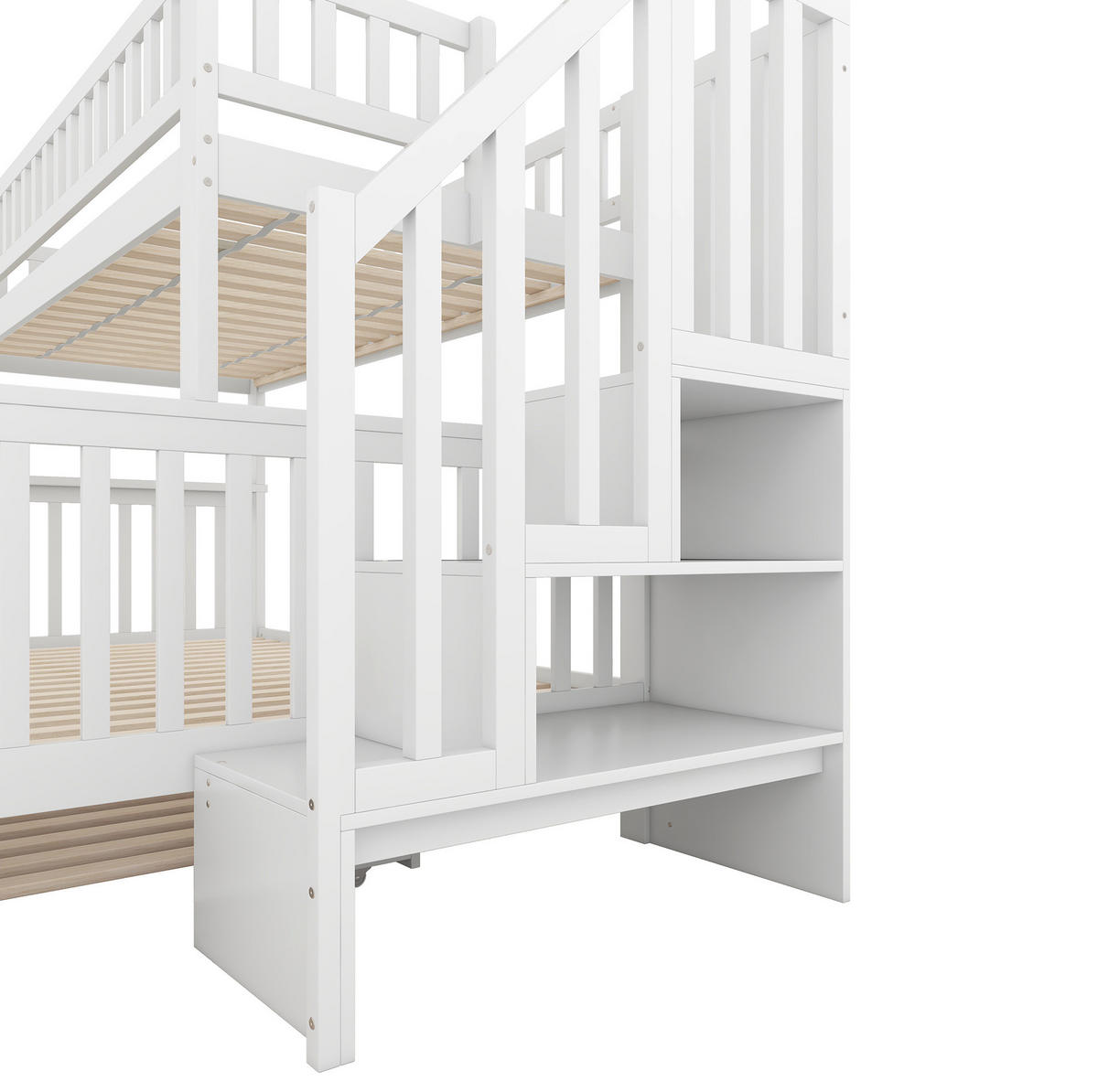 ETAGENBETT 90/200 und 140/200 cm Weiß mit Rollbett und Treppe Ohne Matratze - Weiß, Holz (90/200cm) - OKWISH