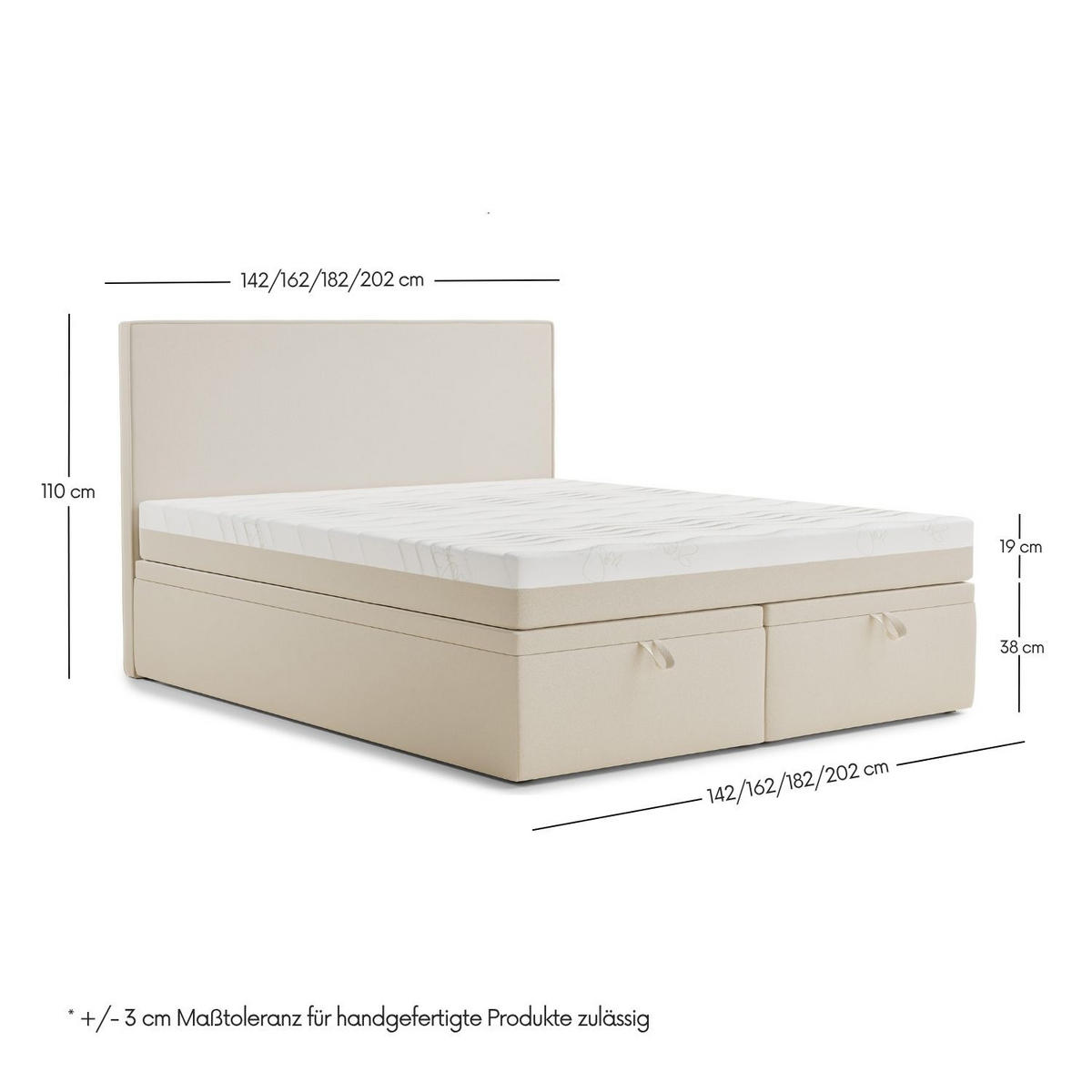 BOXBETT 160/200 cm Tegal, in Hellbeige, Matratze, gepolstertes Kopfteil, Bettkasten, H3 = fest - Beige/Schwarz, Holz/Holzwerkstoff (160/200cm) - Maison de Reve