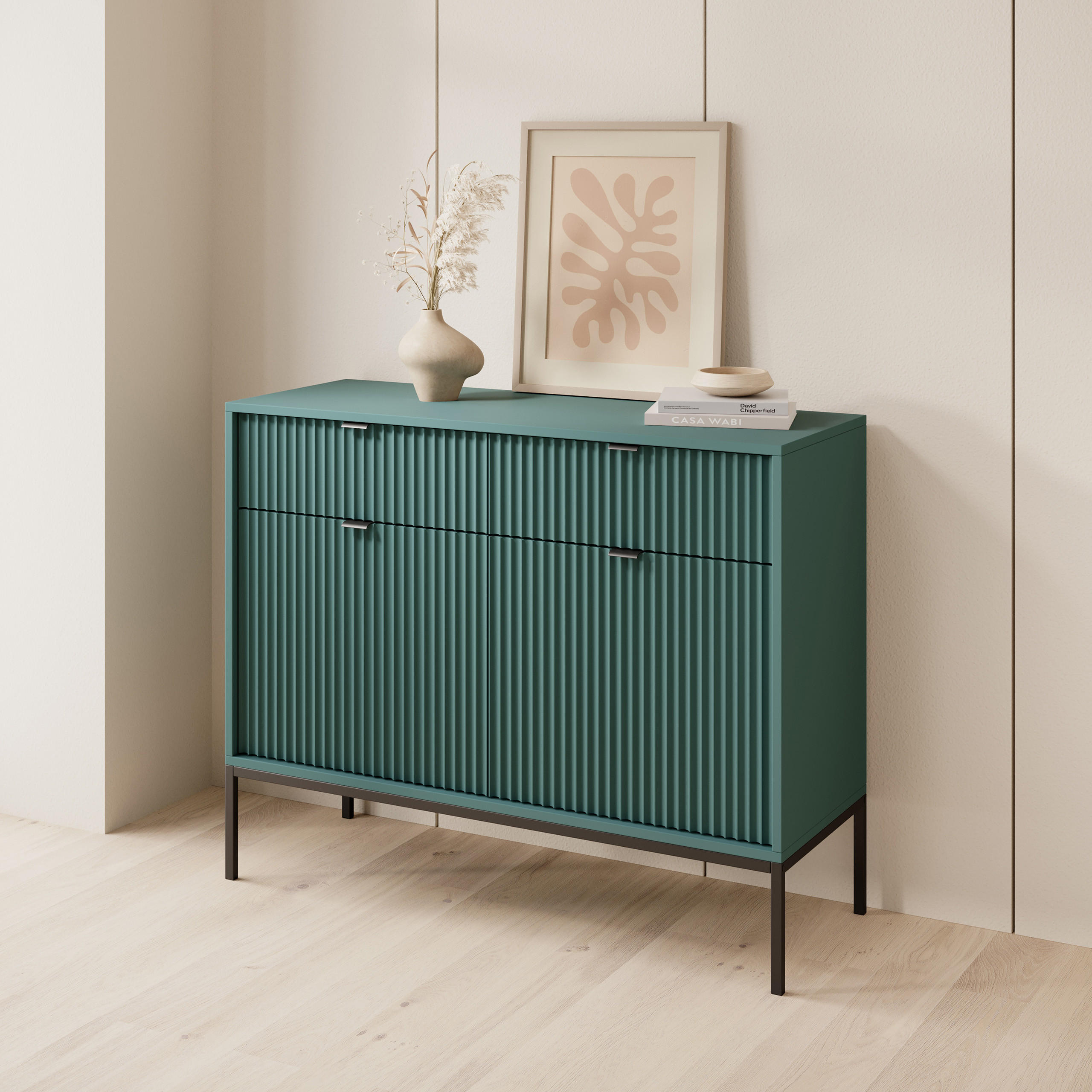 KOMMODE STELLARE 104/83/39 cm mit 2 Schubladen 2 Türen Hellgrün - Schwarz/Hellgrün, Holzwerkstoff (104/83/39cm) - MASSENO
