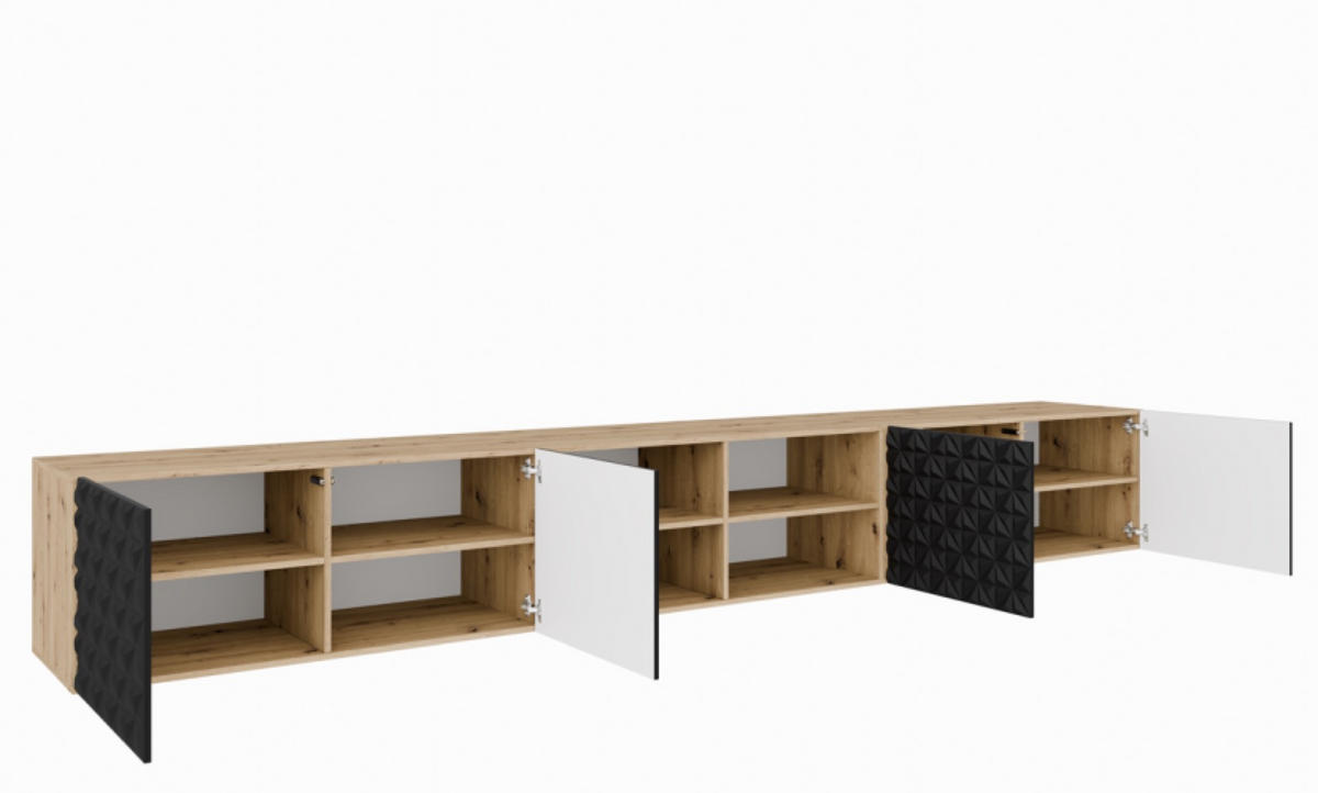 TV-LOWBOARD Schwarz ALI Offene Regale Dekorative Fronten 300 cm - Schwarz, Holzwerkstoff (300/41/40cm) - Sepro Meble