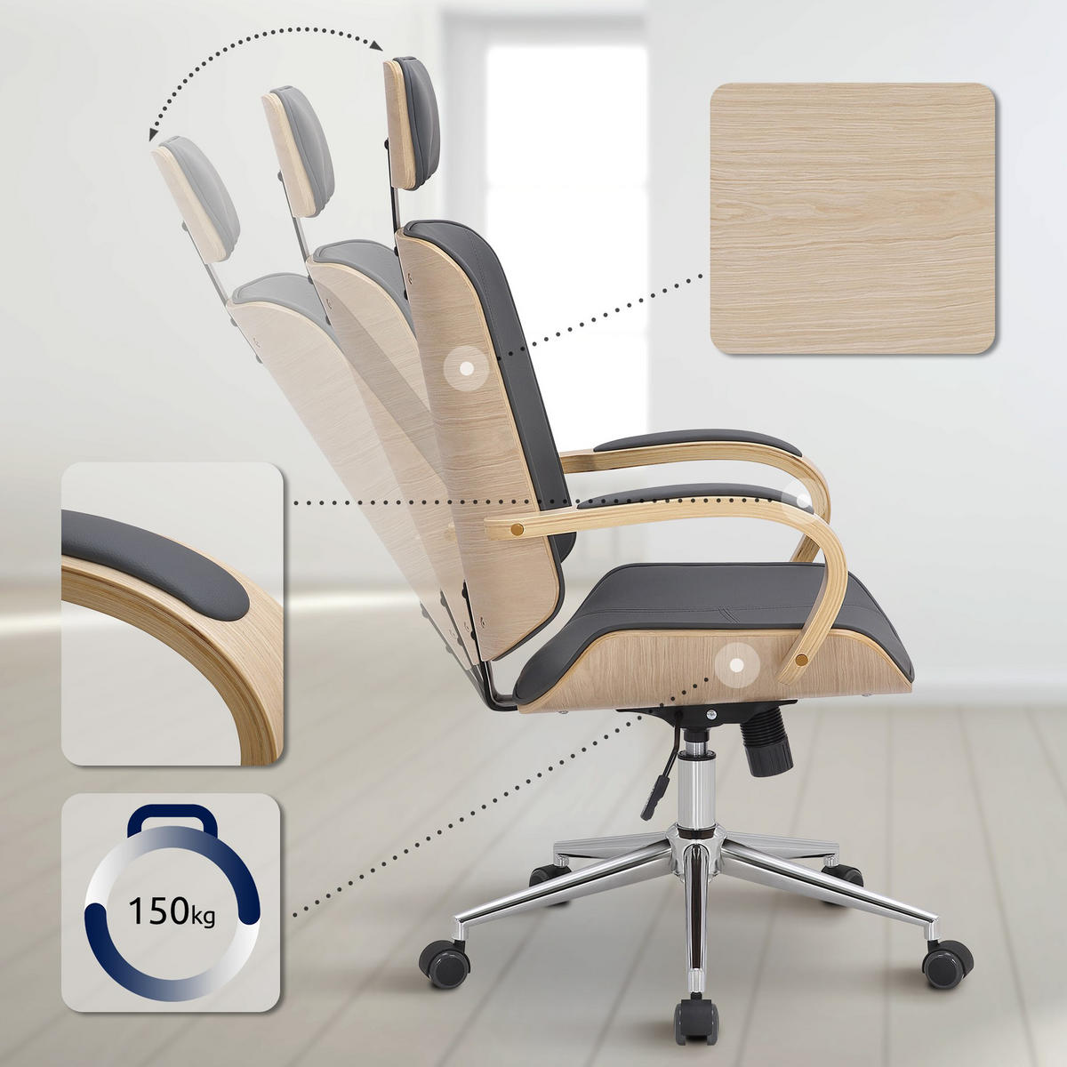 BÜROSTUHL Daytona natura/grau - Chromfarben/Grau, Metall (70/125/70cm) - TPFLiving
