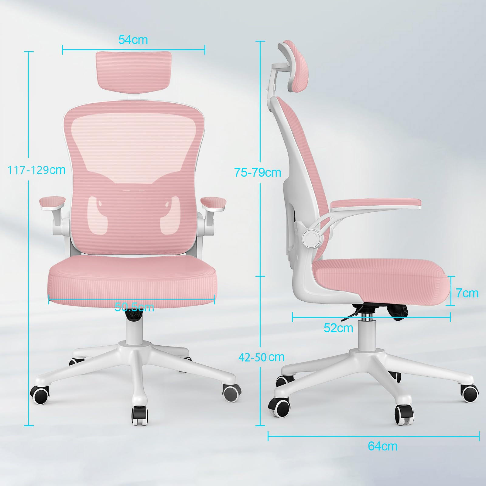 BÜROSTUHL ergonomisch, höhenverstellbar, klappbare Armlehnen, Kopfstütze – Pink - Pink, Metall (50.5/134/52cm) - Rattantree
