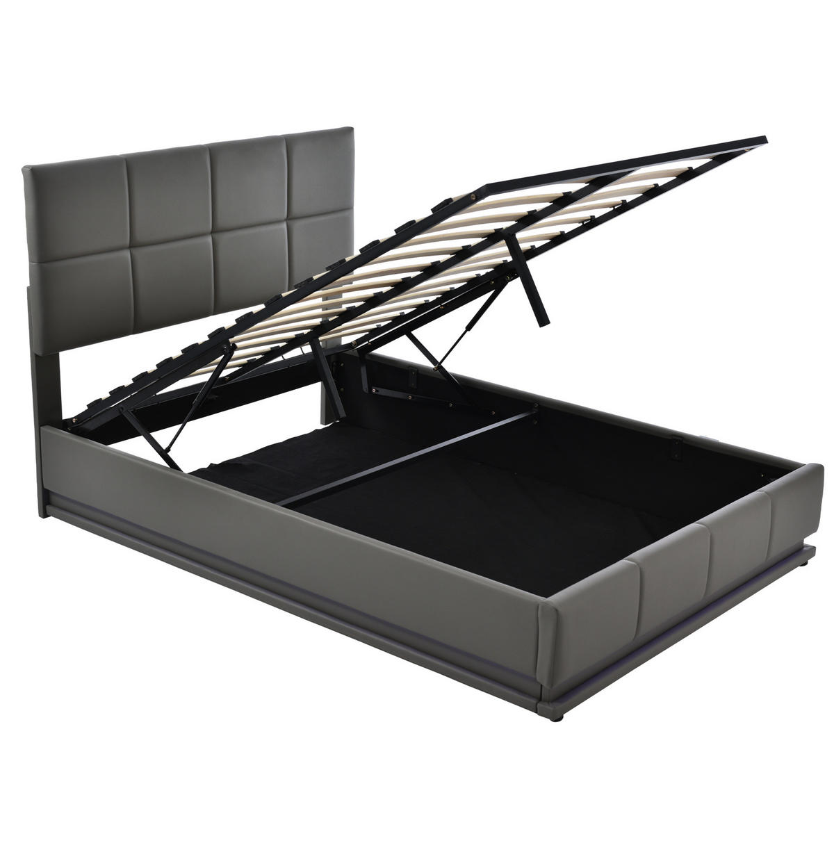 POLSTERBETT 140/200 cm grau mit LED-Beleuchtung und hydraulischem Bettkasten - Grau, Textil (140/200cm) - OKWISH