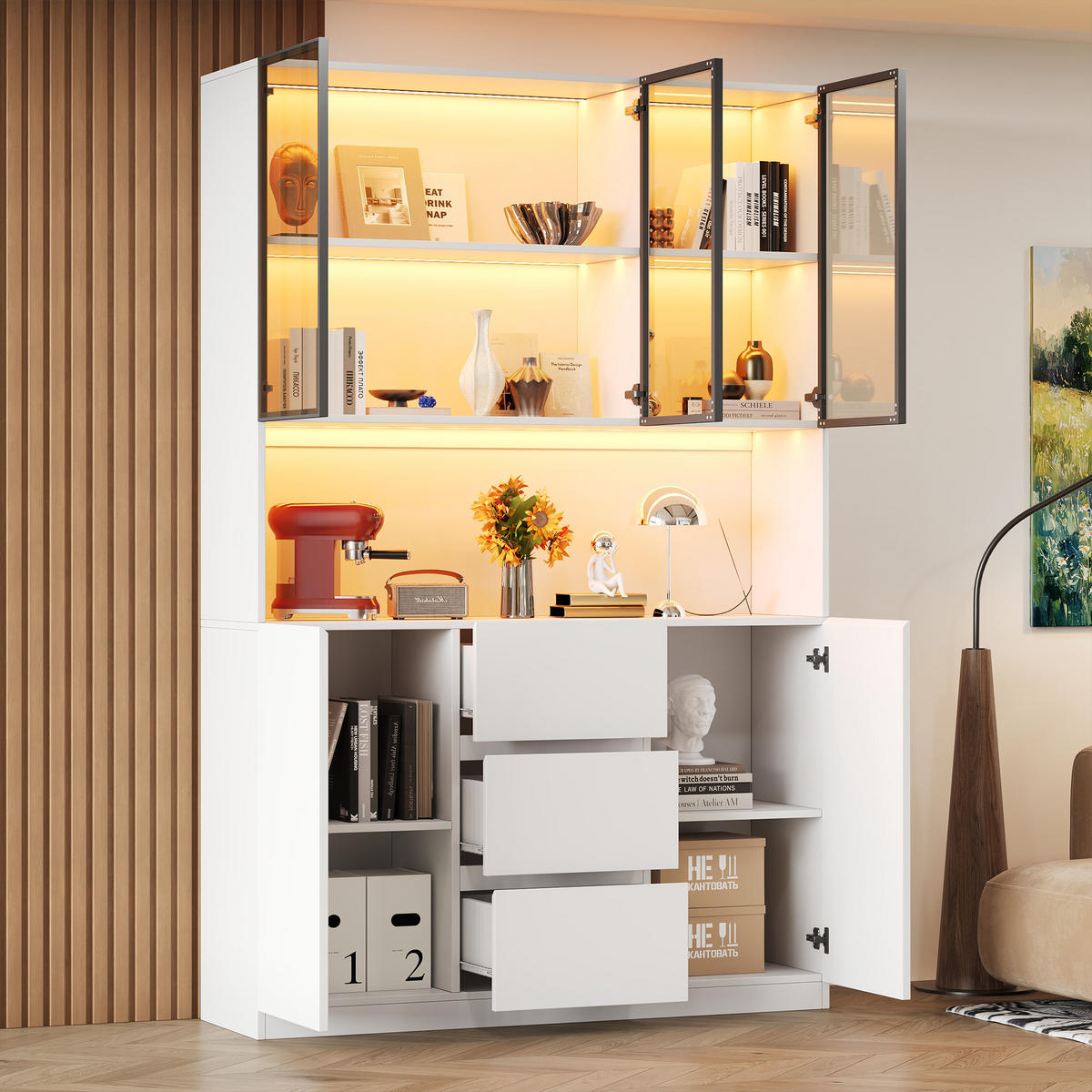 VITRINE LED 200cm 3 Schubladen 2 Türen Weiß - Weiß, Holzwerkstoff (120/200/40cm) - FLIEKS