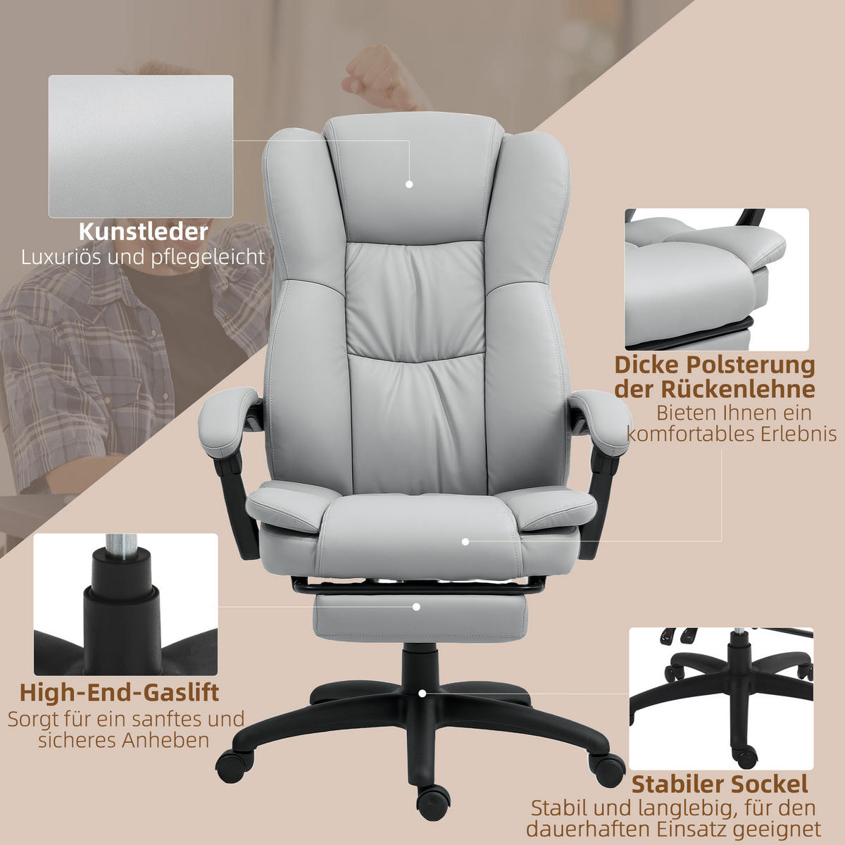 BÜROSTUHL mit 5 Massagemodi, Ergonomisch Schreibtischstuhl mit Liegefunktion - Hellgrau/Schwarz, Kunststoff (68.5/121/68.5cm) - Vinsetto