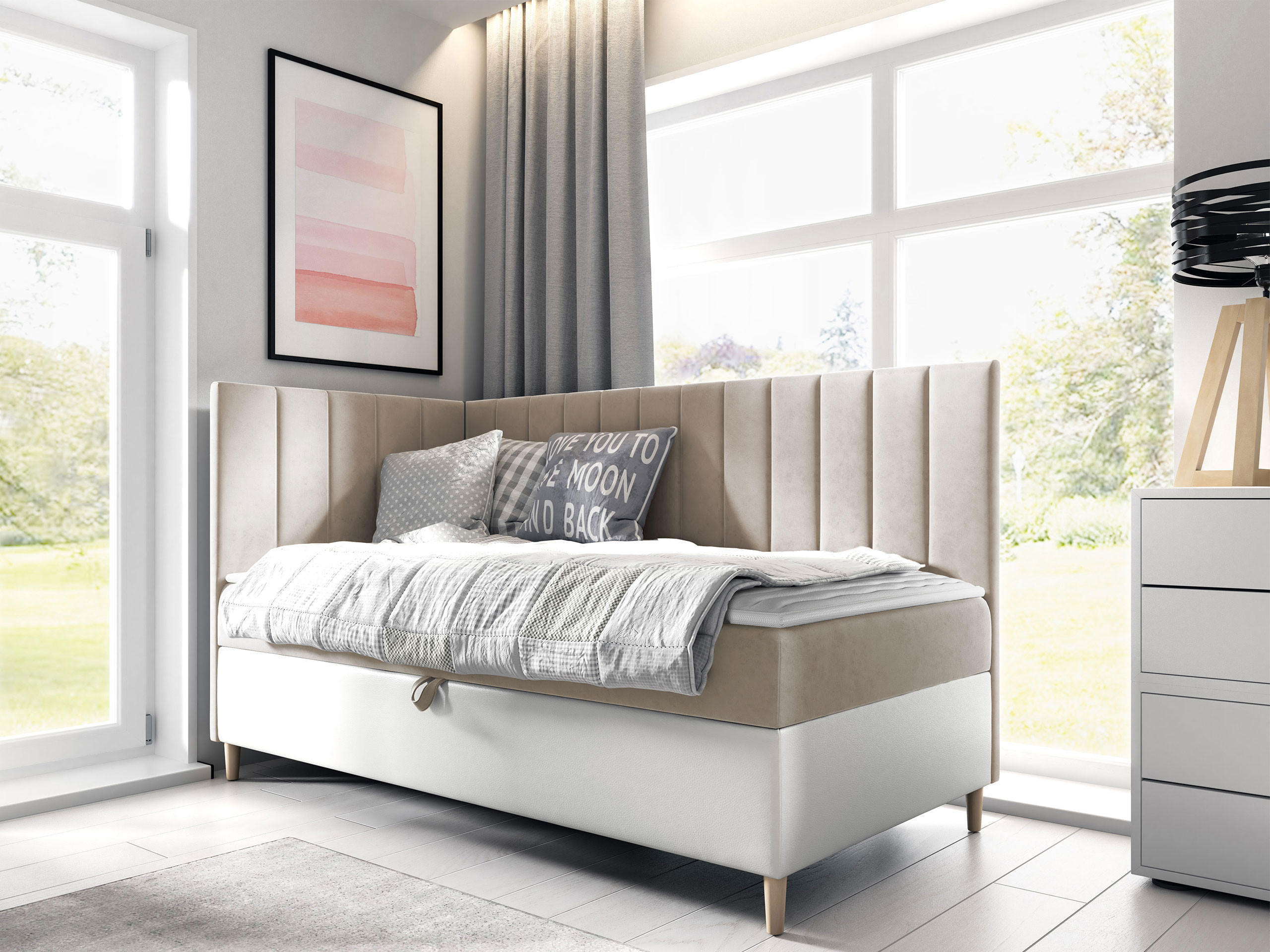 BOXBETT Maja Junior 3, Seite zum Öffnen des Bettkastens: Links - Creme/Weiß, Holz (90/200cm) - MIRJAN24