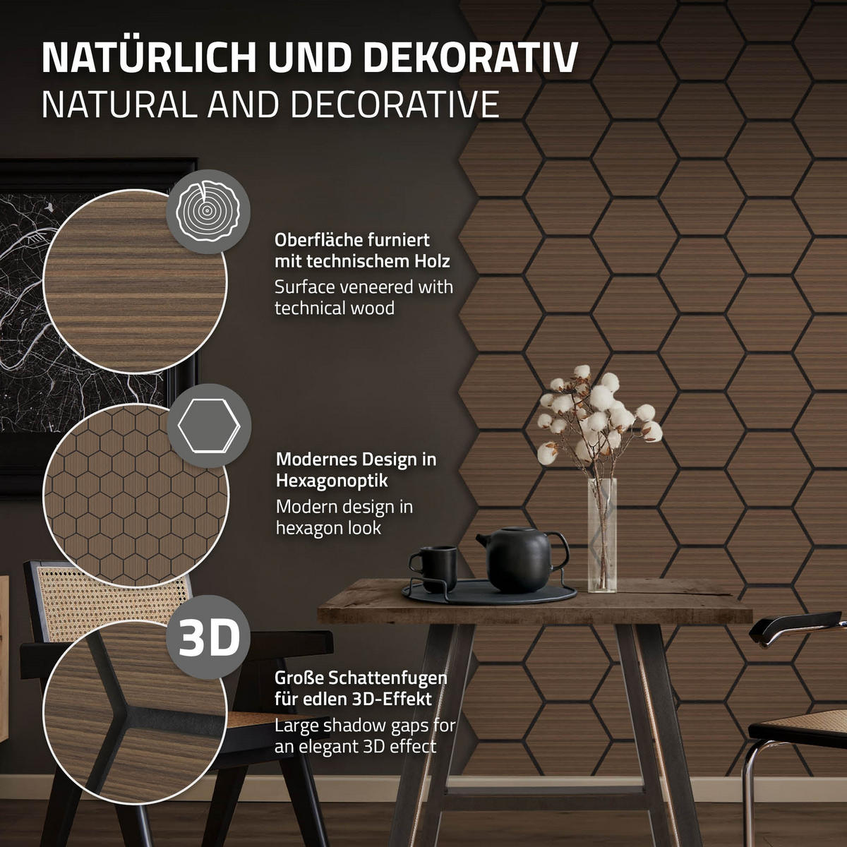 AKUSTIKPANEEL Echtholz 2er Set Braun Hexagon - Braun, Holzwerkstoff (2.1/81.1/66.6cm) - ML-DESIGN