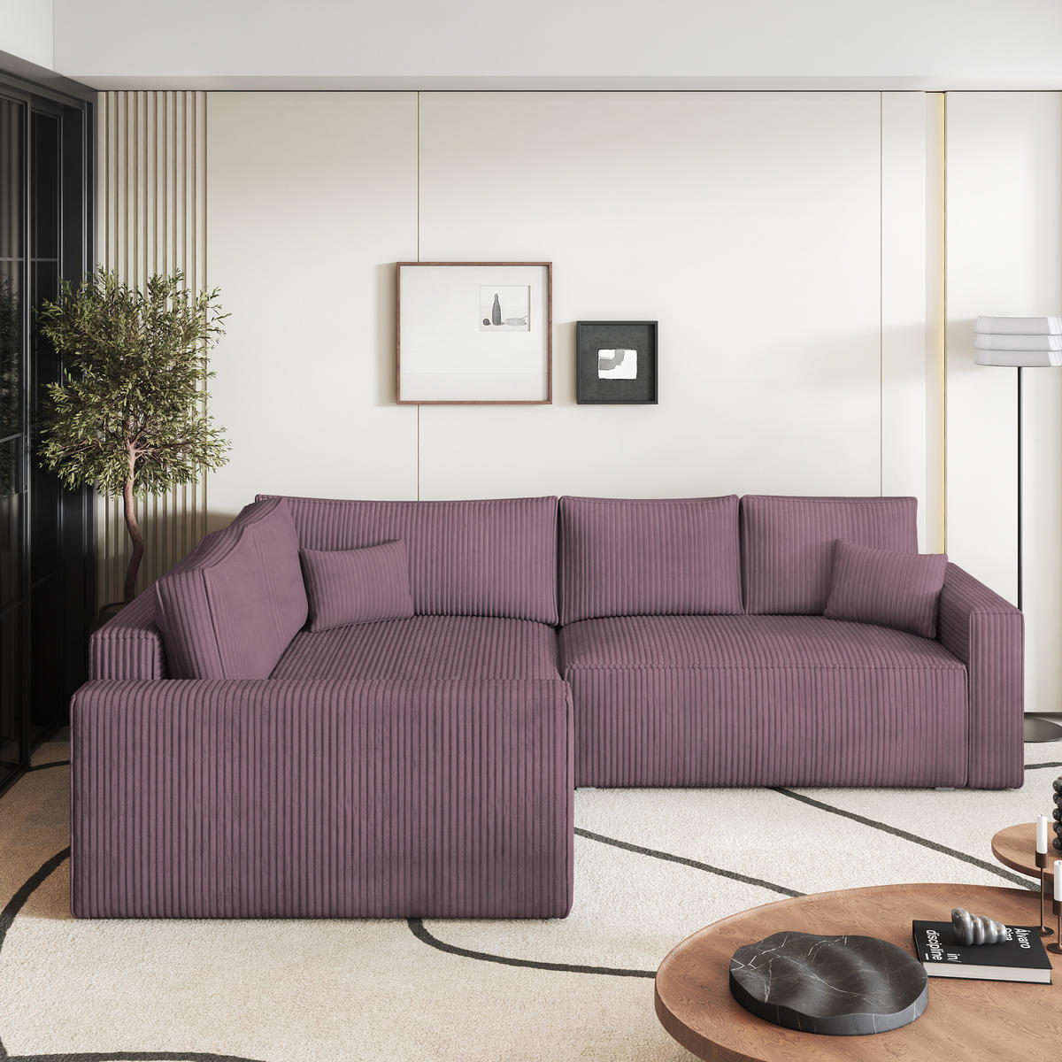 ECKSOFA ERONIS L-S Lila Kordstoff mit Schlaffunktion - Lila, Holz (265/194cm) - MASSENO