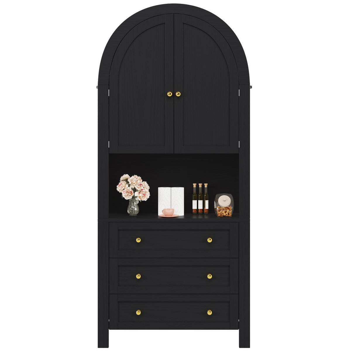 VYSOKÁ skříňka z MDF 70x35x180 cm černá se 3 zásuvkami, dvířky a otevřenou policí v obloukovém designu - černá, kompozitní dřevo (70/180/35cm) - Modfu