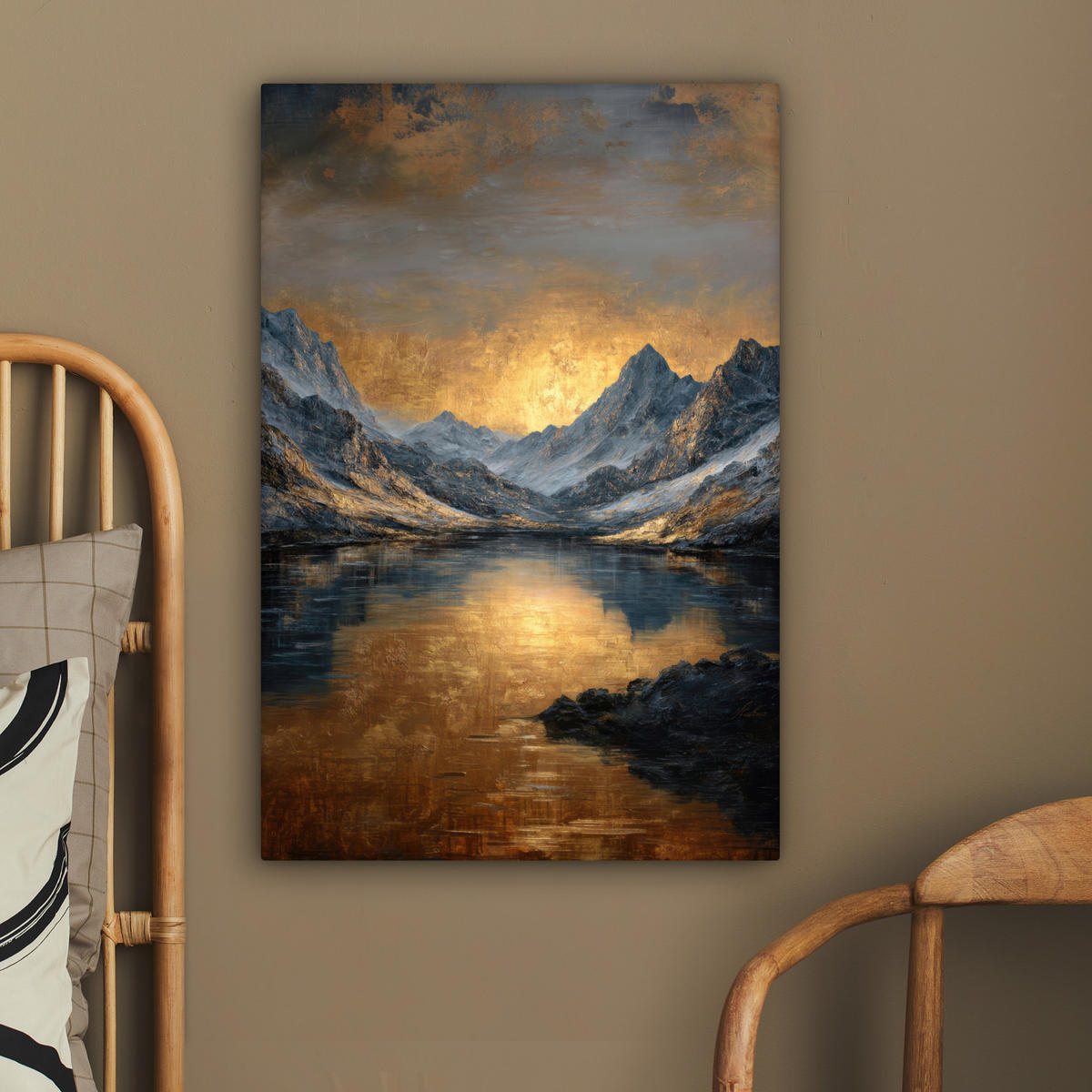 LEINWANDBILD Bergkulisse mit goldenem Sonnenuntergang Wanddeko Schlafzimmer 60x90 cm - Goldfarben, Textil (60/90cm) - MuchoWow