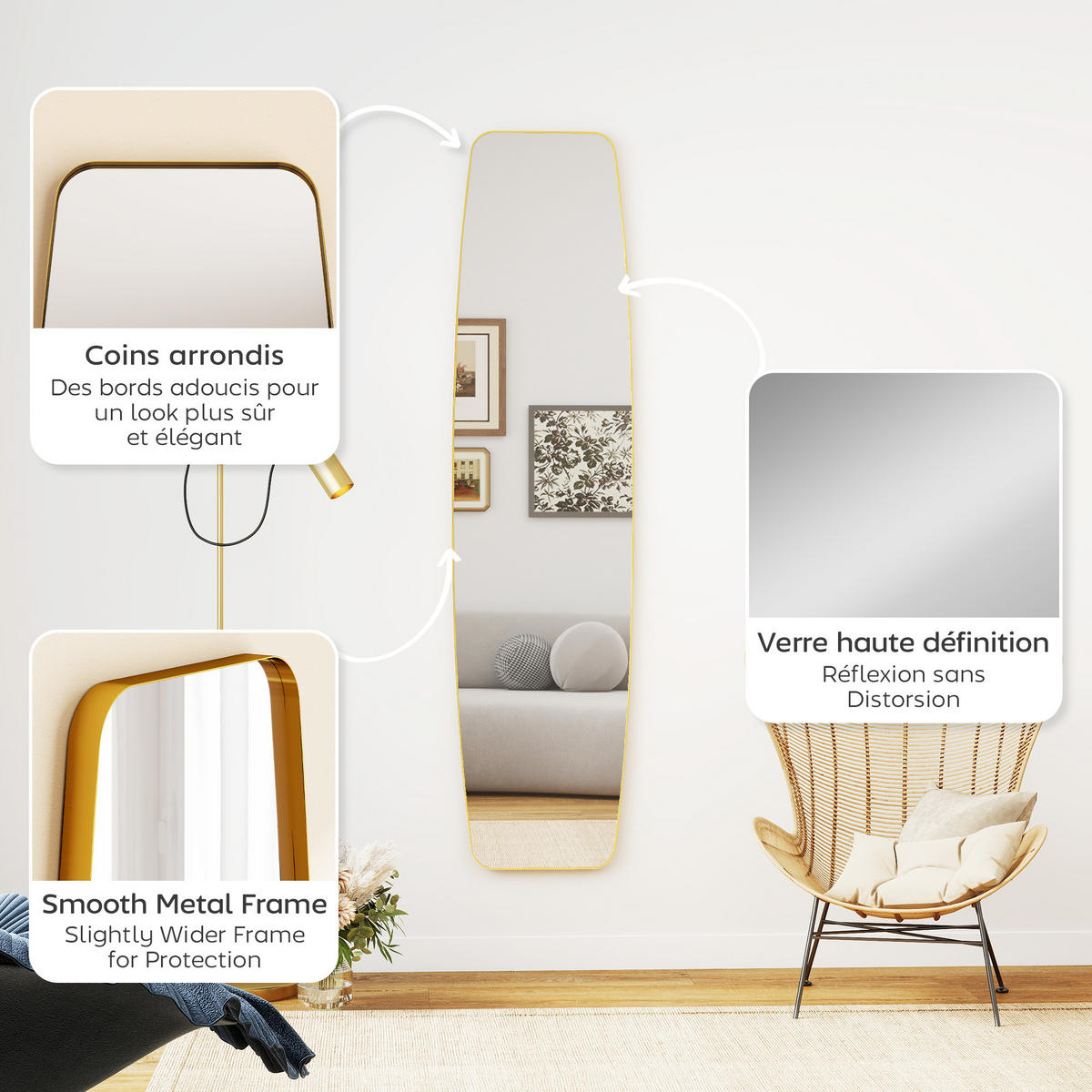 WANDSPIEGEL DE-14363 oval in Langform mit Goldrahmen Gold - Goldfarben, Glas (160/3/40cm) - ComfortXL