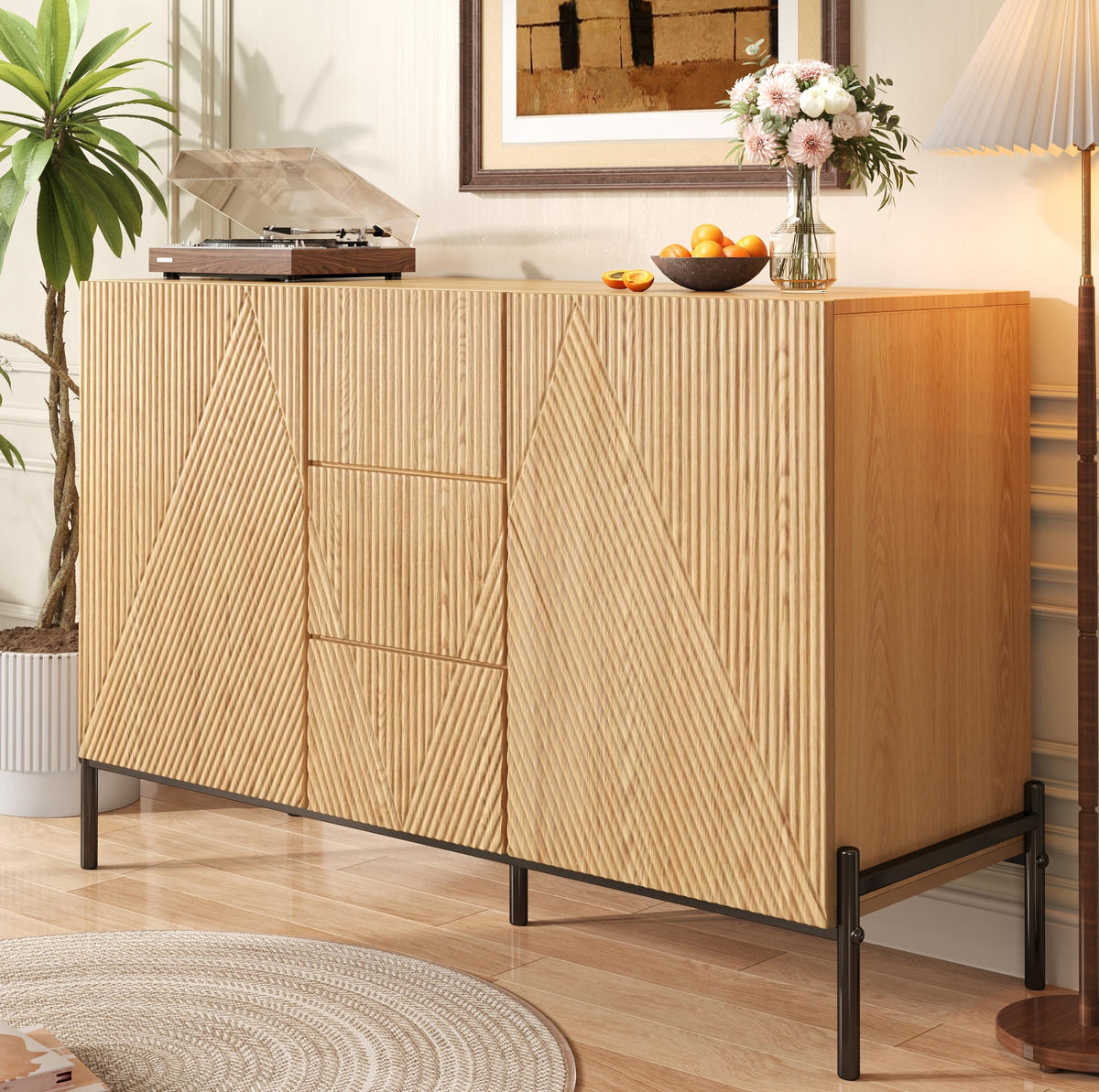 SIDEBOARD 115,5/40/76 cm mit geometrischen Türen, Schubladen und Eisenbeinen, MDF, Natur - Naturfarben, Holzwerkstoff (115.5/76/40cm) - Redom