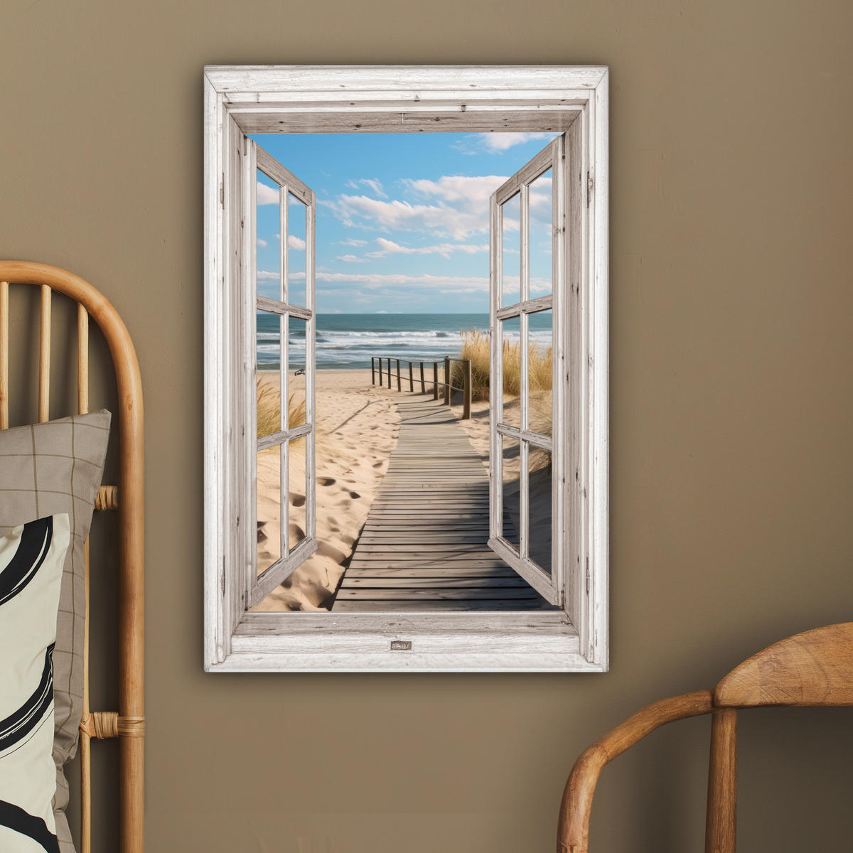 LEINWANDBILD Fenster - Meer - Küste - Natur - Ausblick - Strand - Wattenmeer 40x60 cm - Beige, Textil (40/60cm) - MuchoWow