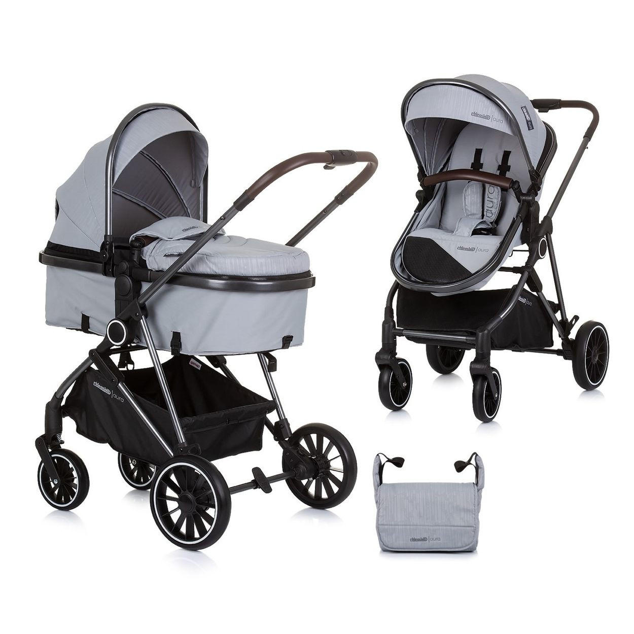 KINDERWAGEN Aura 2 in 1 hellgrau umbaubar Wickeltasche Sitz umkehrbar bis 22 kg - Hellgrau/Grau, Metall (98/60/106cm) - Chipolino