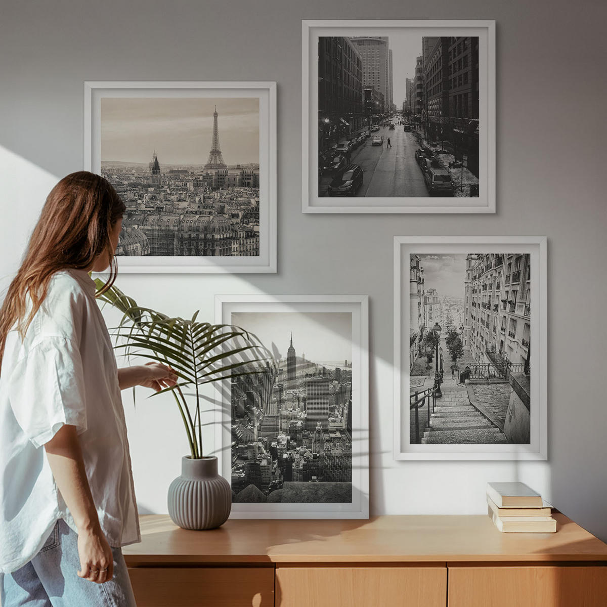 BILDER SET 4er Set - 50x50 cm & 40x60 cm Weißer Rahmen - Aussicht Paris New York Treppen - Weiß, Kunststoff (50/50cm) - TULUP