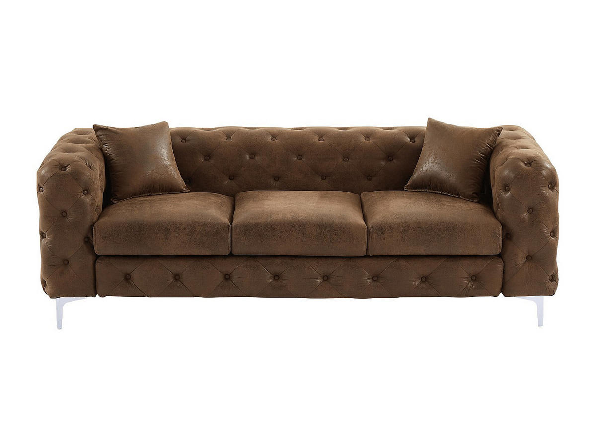 CHESTERFIELD Sofa 3-Sitzer - Mikrofaser - Vintage-Leder-Optik - EDWINA - Braun, Textil (220/76/91cm) - Vente-Unique