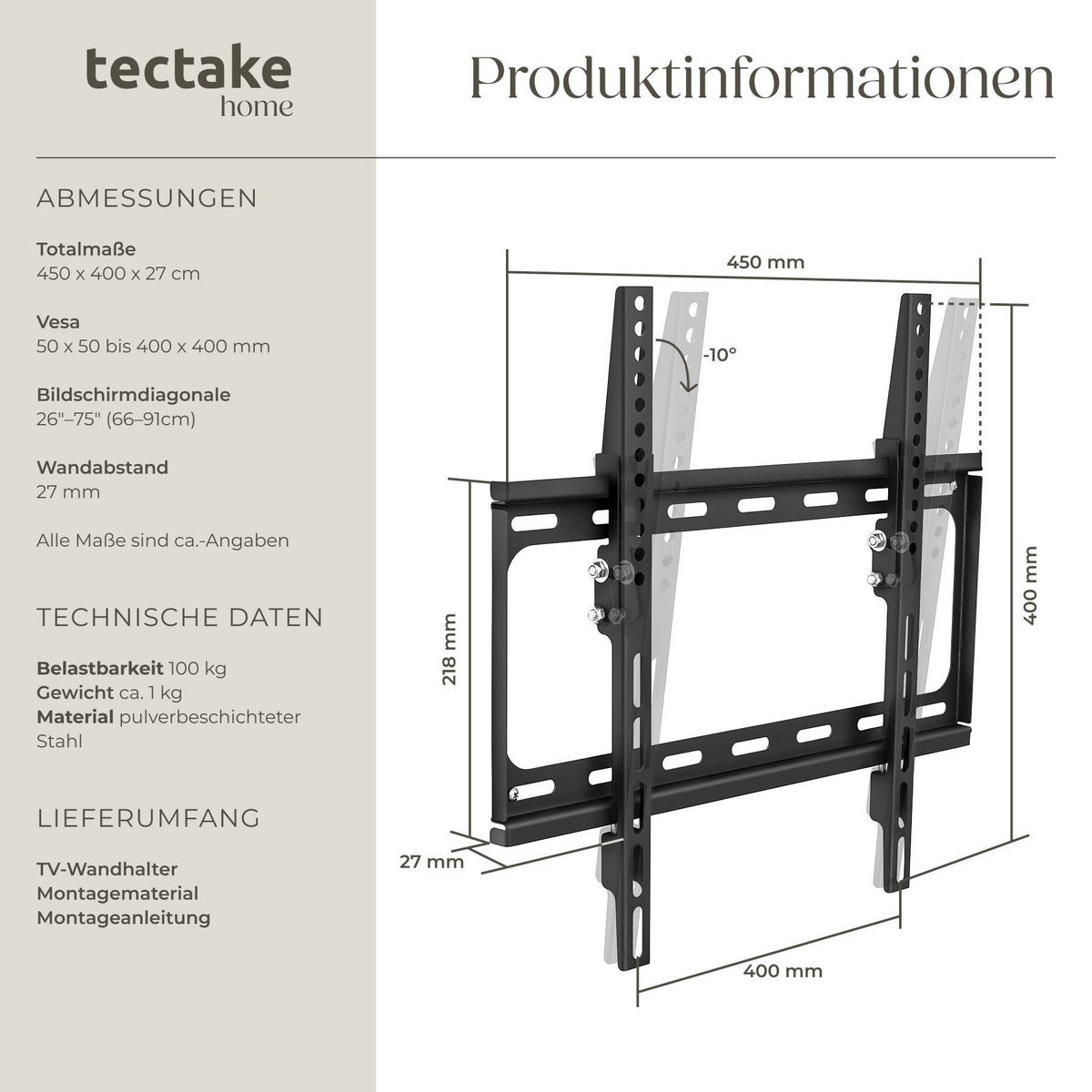 TV-WANDHALTERUNG, bis 100 kg, schwarz - Schwarz, Metall (40/2.5/45cm) - tectake